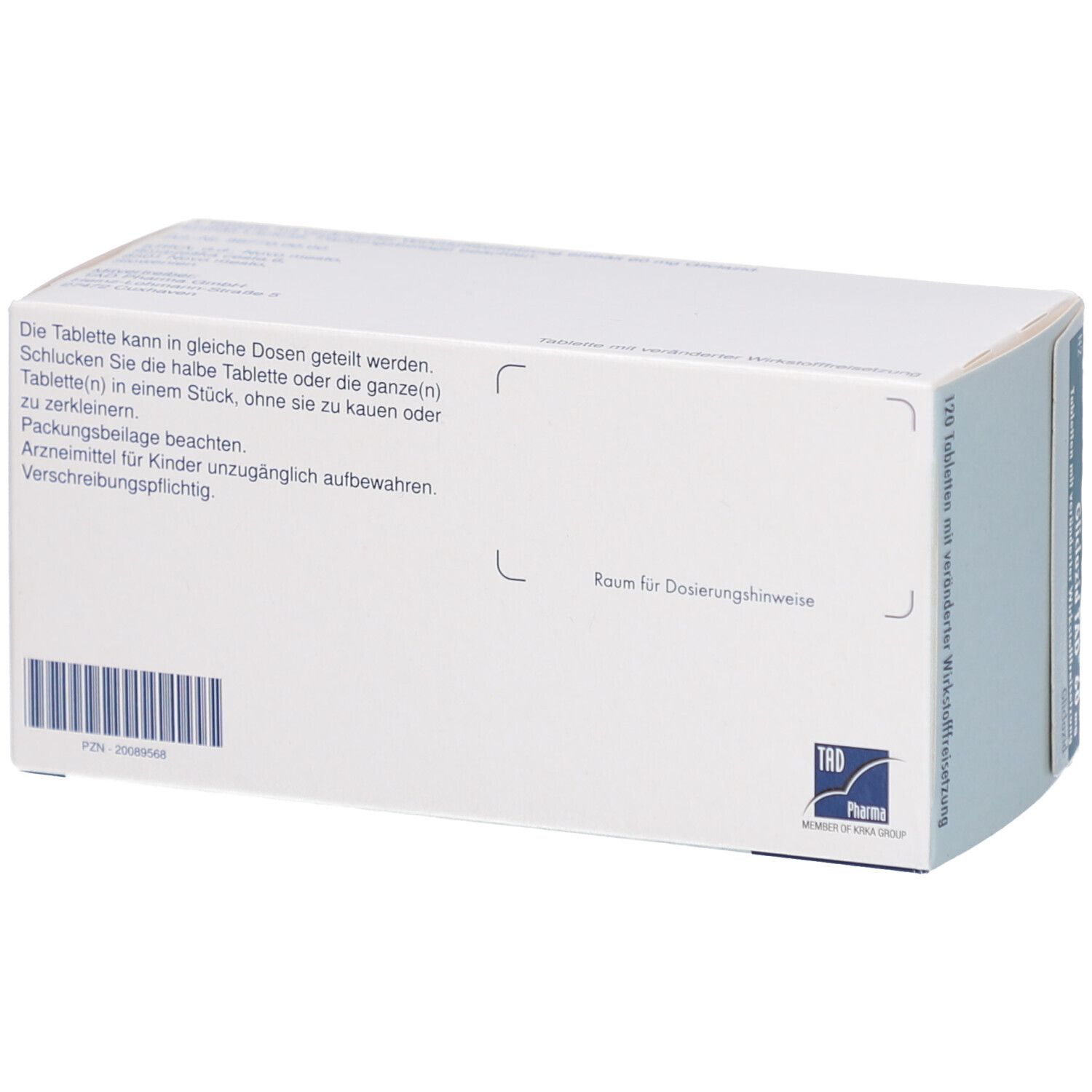 Rückseite der GLICLAZID TAD 60 mg Tabletten-Schachtel. Weiße Verpackung mit Text und TRD Pharma Logo.