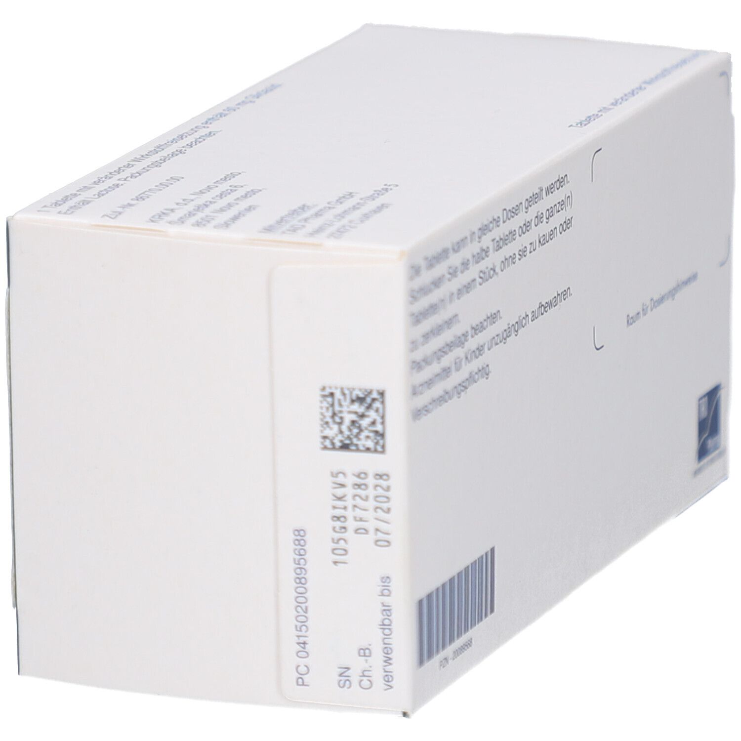 Seitenansicht der GLICLAZID TAD 60 mg Tabletten-Schachtel. Weiße Verpackung mit Strichcode und Verfallsdatum.