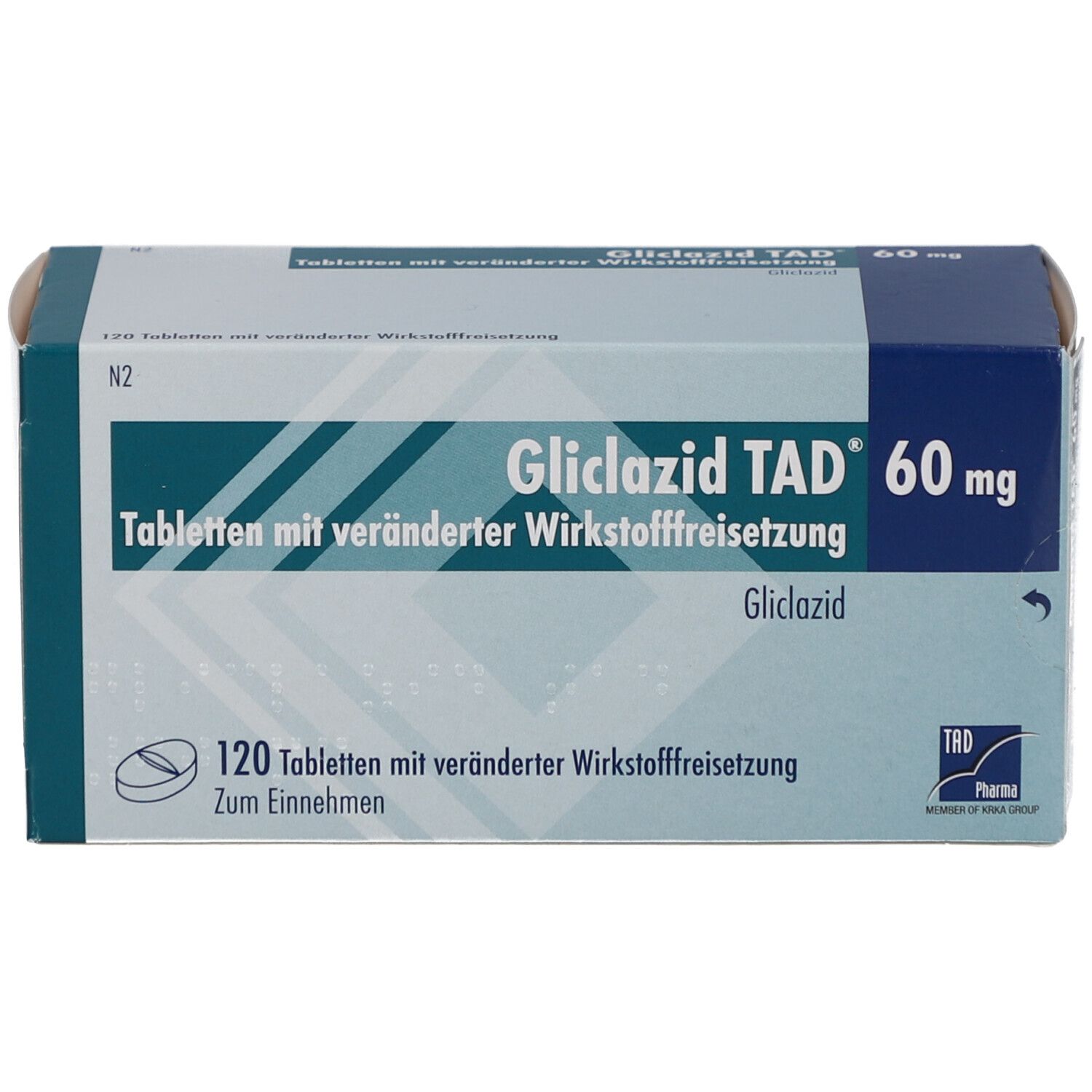Oberansicht der GLICLAZID TAD 60 mg Tabletten-Schachtel. Blaue und weiße Verpackung mit Produktnamen und Inhaltsangaben.