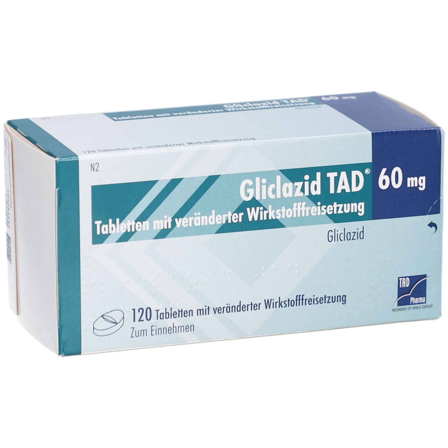 Oberansicht der GLICLAZID TAD 60 mg Tabletten-Schachtel. Blaue und weiße Verpackung mit Produktnamen und Inhaltsangaben.