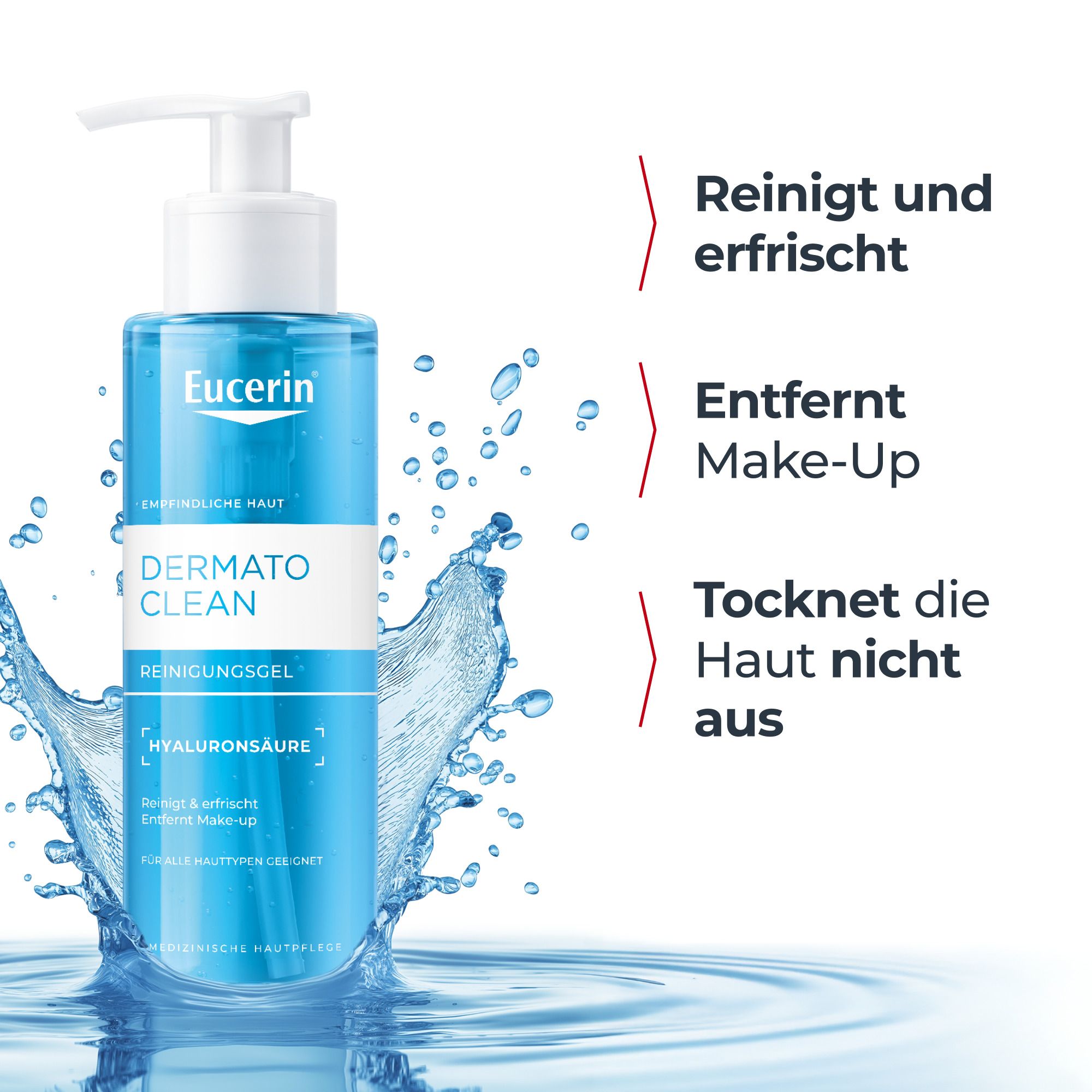 Eucerin DermatoClean Reinigungsgel mit Wasser. Text: Reinigt & erfrischt, entfernt Make-up, trocknet die Haut nicht aus.
