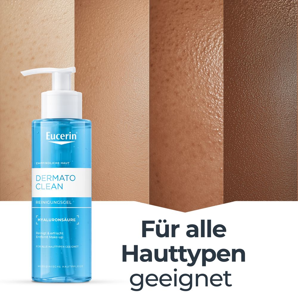 Eucerin DermatoClean Reinigungsgel. Blaue Flasche. Text: Für alle Hauttypen geeignet. Marke Eucerin.