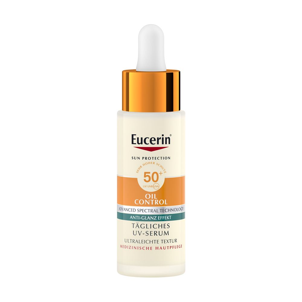 Eucerin Oil Control UV-Serum LSF 50+ Flasche mit Dosierpipette. Weißes Serum, goldener Verschluss, orangefarbene und weiße Beschriftung.