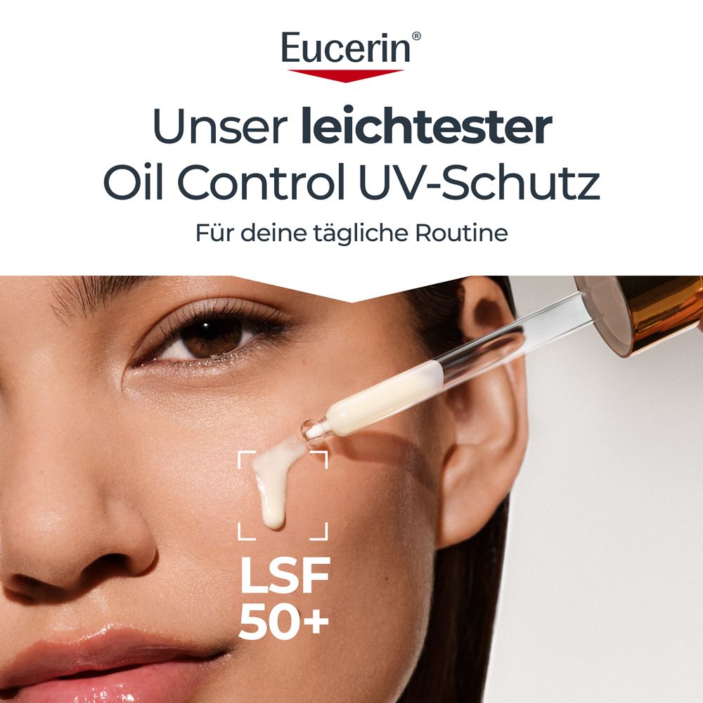 Gesicht einer Frau, die Serum mit einer Pipette aufträgt. Text: LSF 50+. Eucerin Logo.