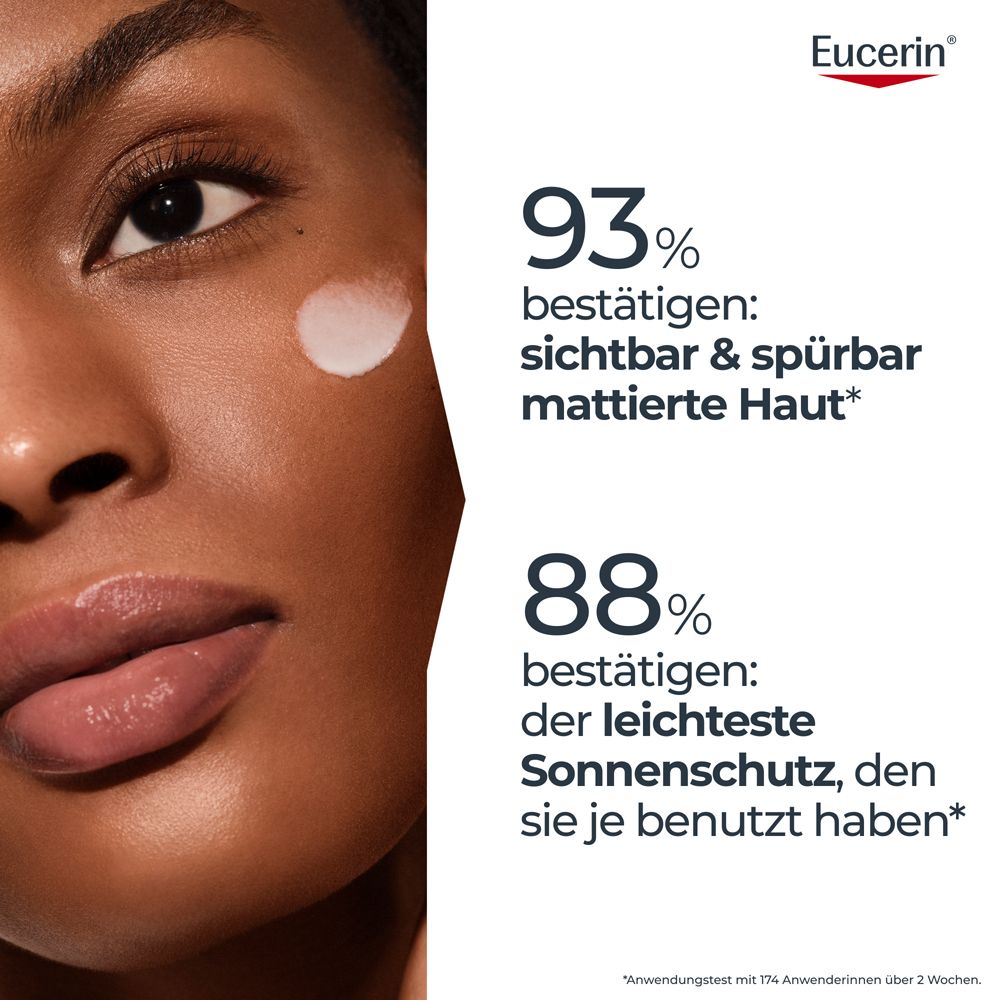 Gesicht einer Frau. Text: 93% bestätigen: sichtbar & spürbar mattierte Haut. 88% bestätigen: der leichteste Sonnenschutz.