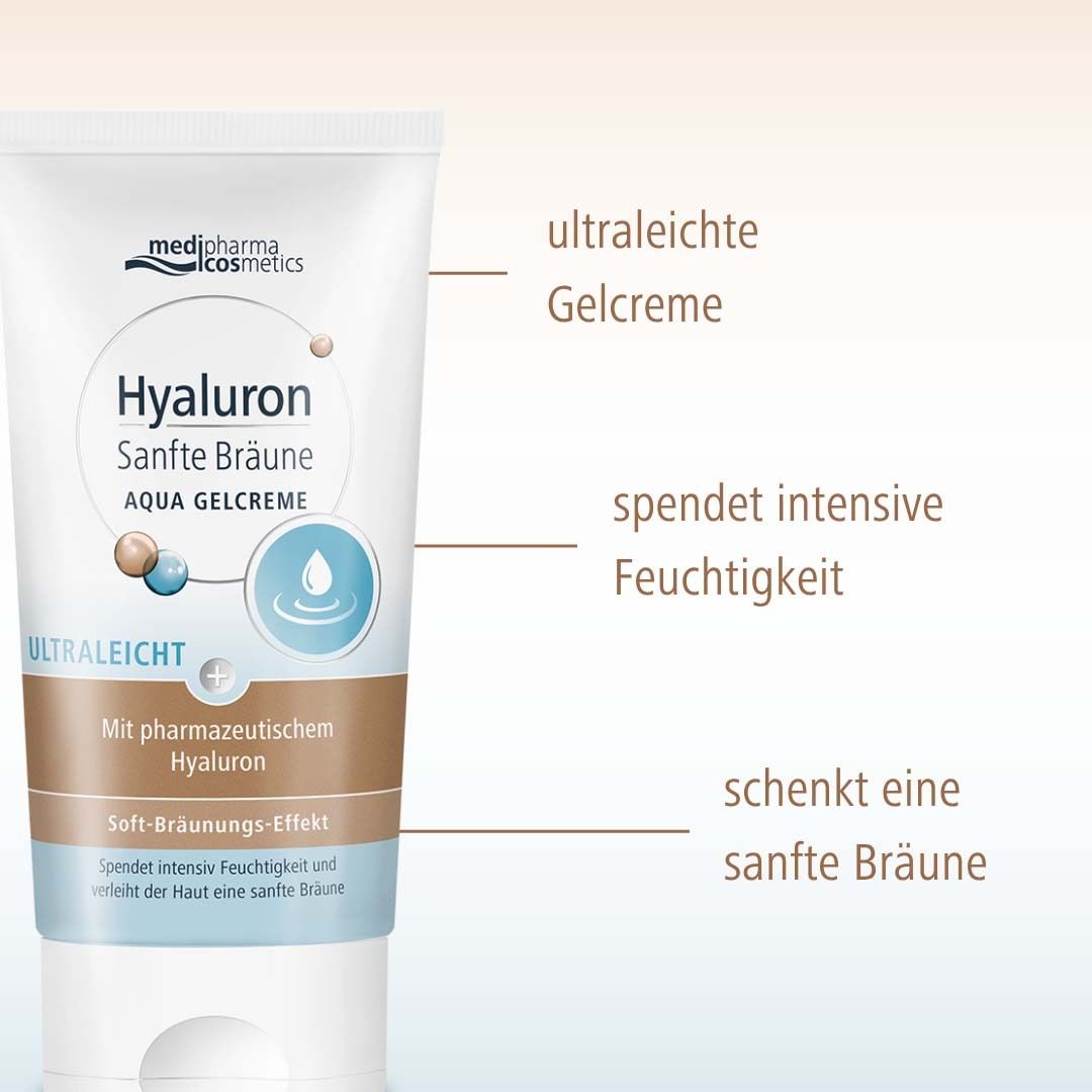 Tube mit Produktnamen und Logo. Text: Hyaluron Sanfte Bräune Aqua Gelcreme. Zusätzlicher Text: spendet intensive Feuchtigkeit.