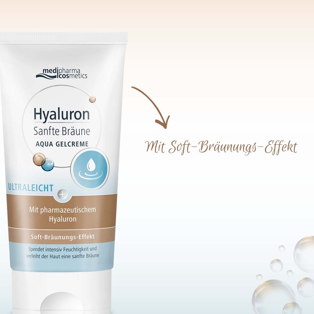 Tube mit Produktnamen und Logo. Text: Hyaluron Sanfte Bräune Aqua Gelcreme. Text: Mit Soft-Bräunungs-Effekt.