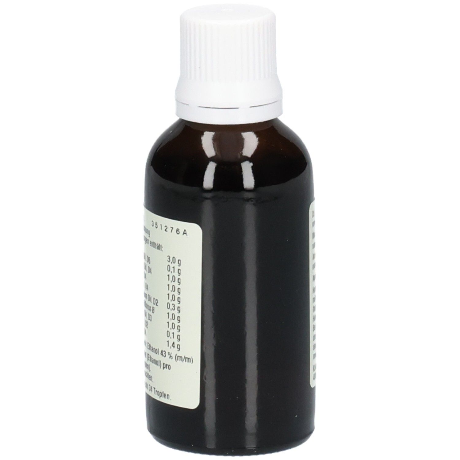 Braune Glasflasche mit weißem Deckel. Etikett mit Inhaltsstoffen. Enthält 43% Alkohol.