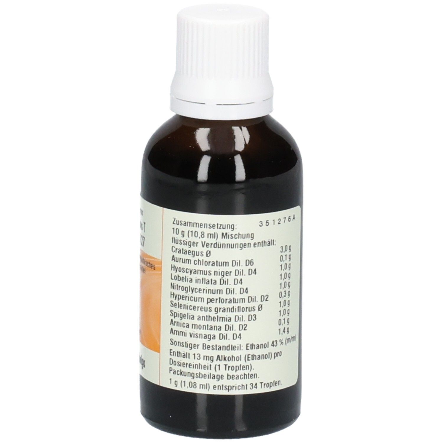 Braune Glasflasche mit weißem Deckel. Etikett mit Inhaltsstoffen. Enthält Alkohol. 10 ml Mischung.