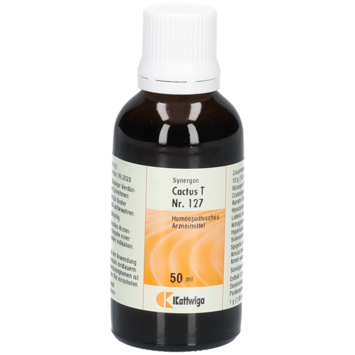 Braune Glasflasche mit weißem Deckel. Etikett mit Produktname: Cactus T Nr. 127. 50 ml.