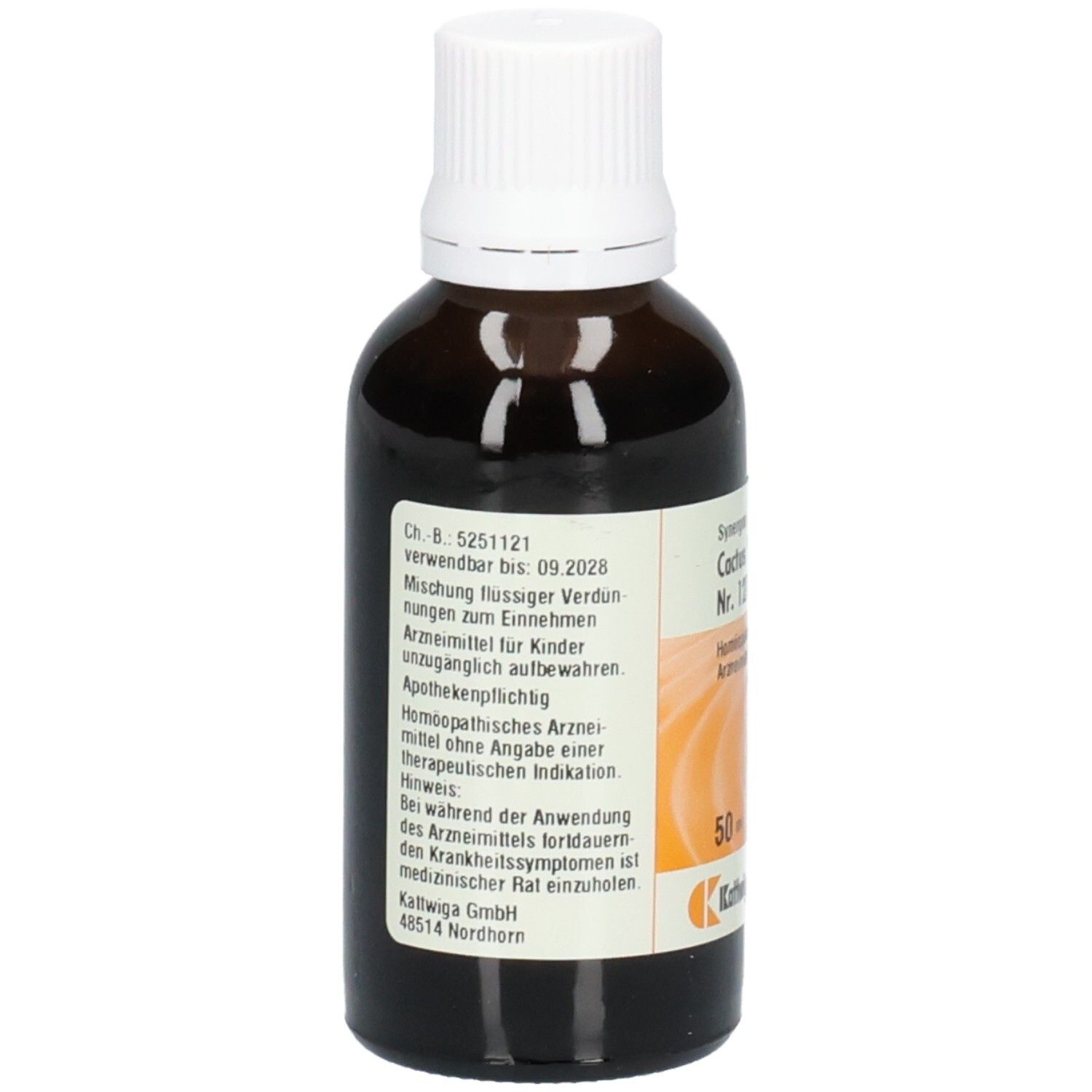 Braune Glasflasche mit weißem Deckel. Etikett mit Produktname: Cactus T Nr. 127. Apothekenpflichtig.