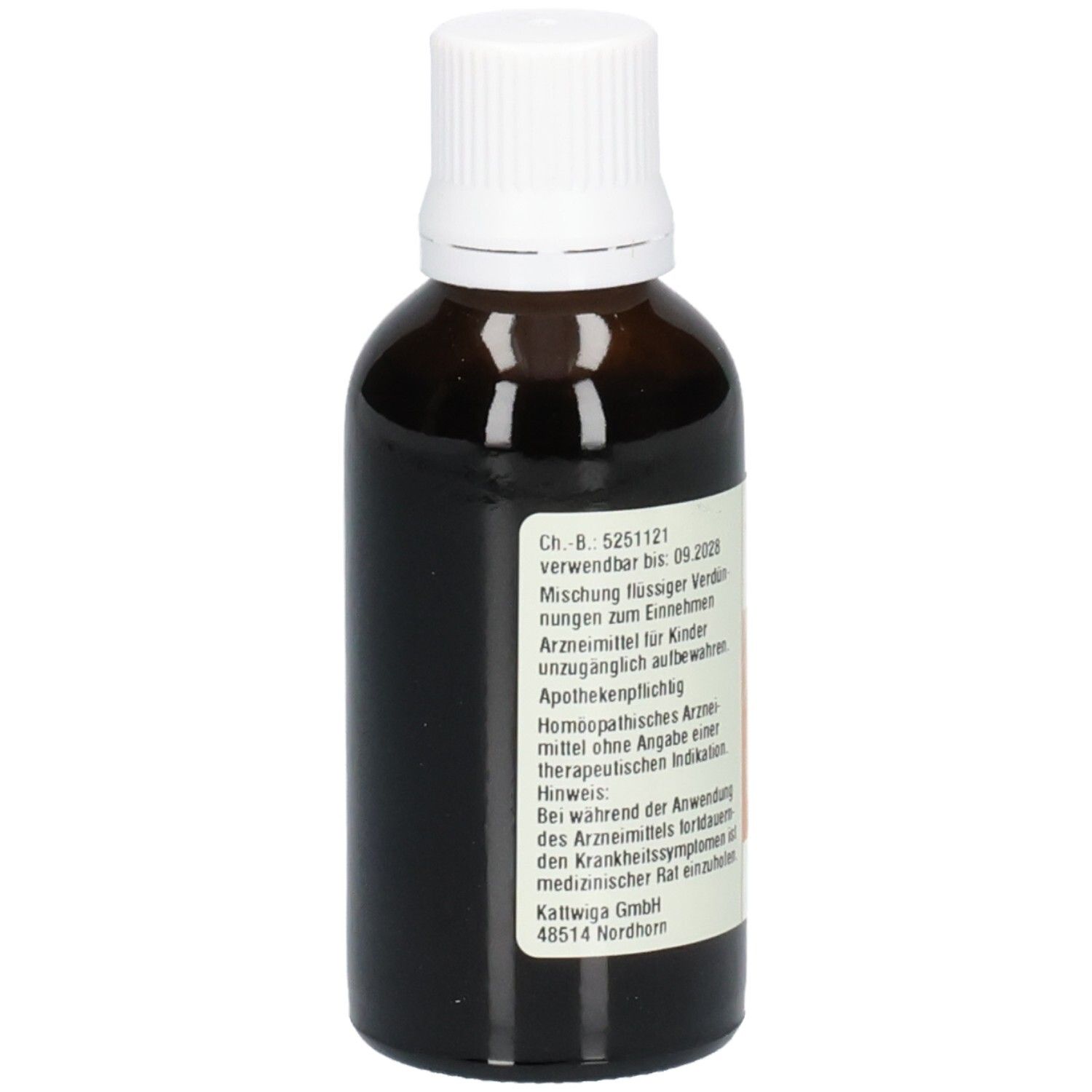 Braune Glasflasche mit weißem Deckel. Etikett mit Text. Apothekenpflichtiges homöopathisches Arzneimittel.
