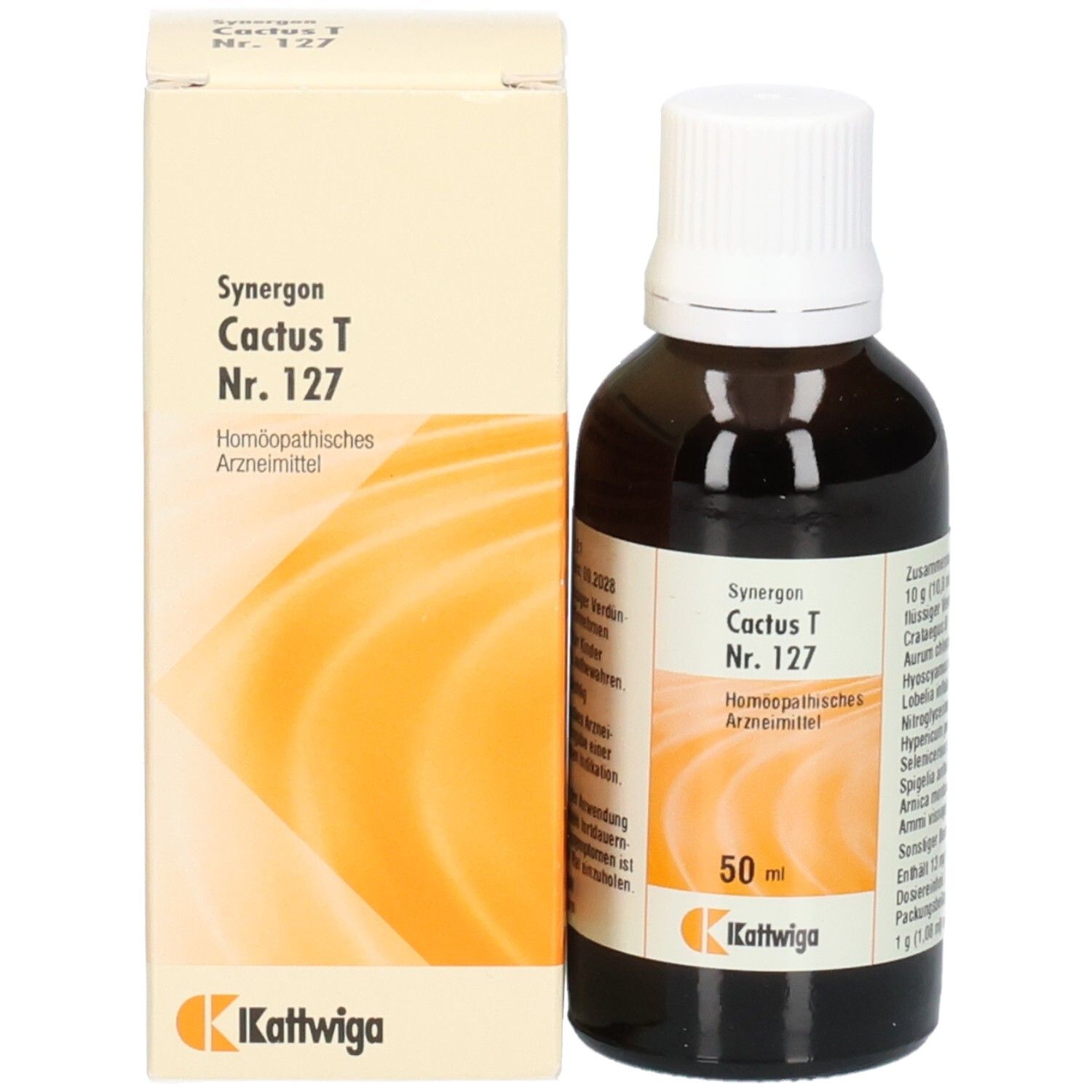 Produktflasche und Schachtel. Produktname: Cactus T Nr. 127. Homöopathisches Arzneimittel. 50 ml.