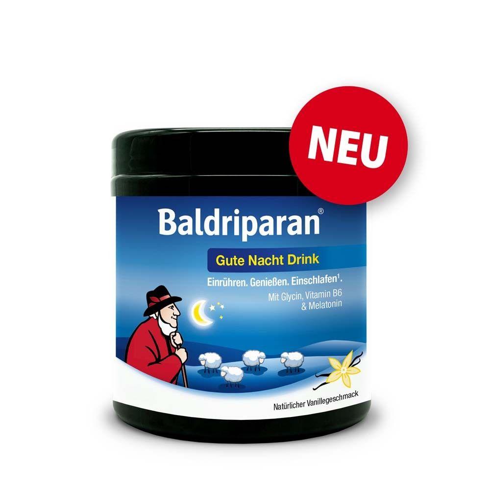 Schwarzer Behälter Baldriparan Gute Nacht Drink mit rotem 'NEU' Aufkleber. Enthält Glycin, Vitamin B6 & Melatonin. Vanillegeschmack.