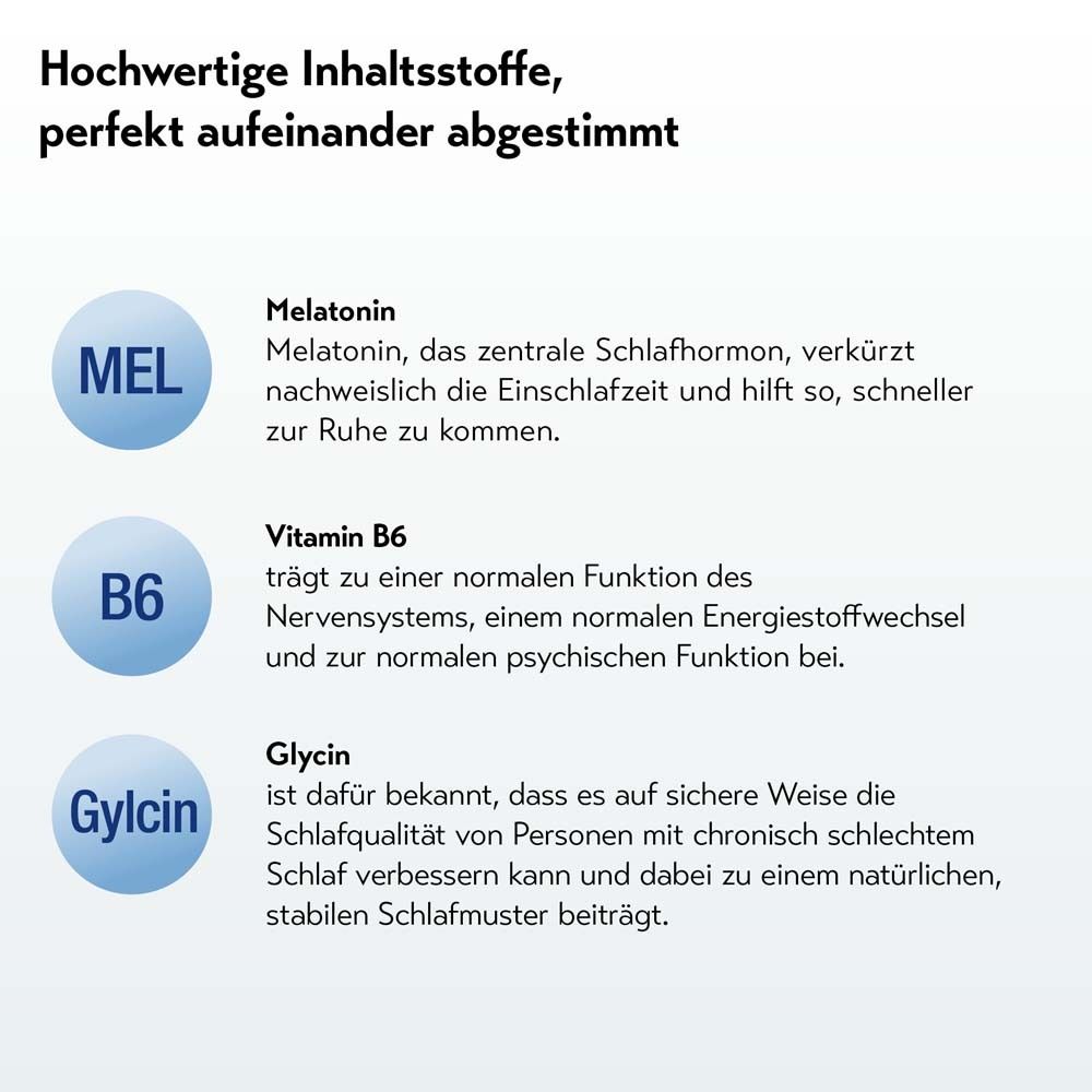 Infografik: Melatonin, Vitamin B6, Glycin. Beschreibungen der Inhaltsstoffe. Blaue Kreise mit weißen Buchstaben.