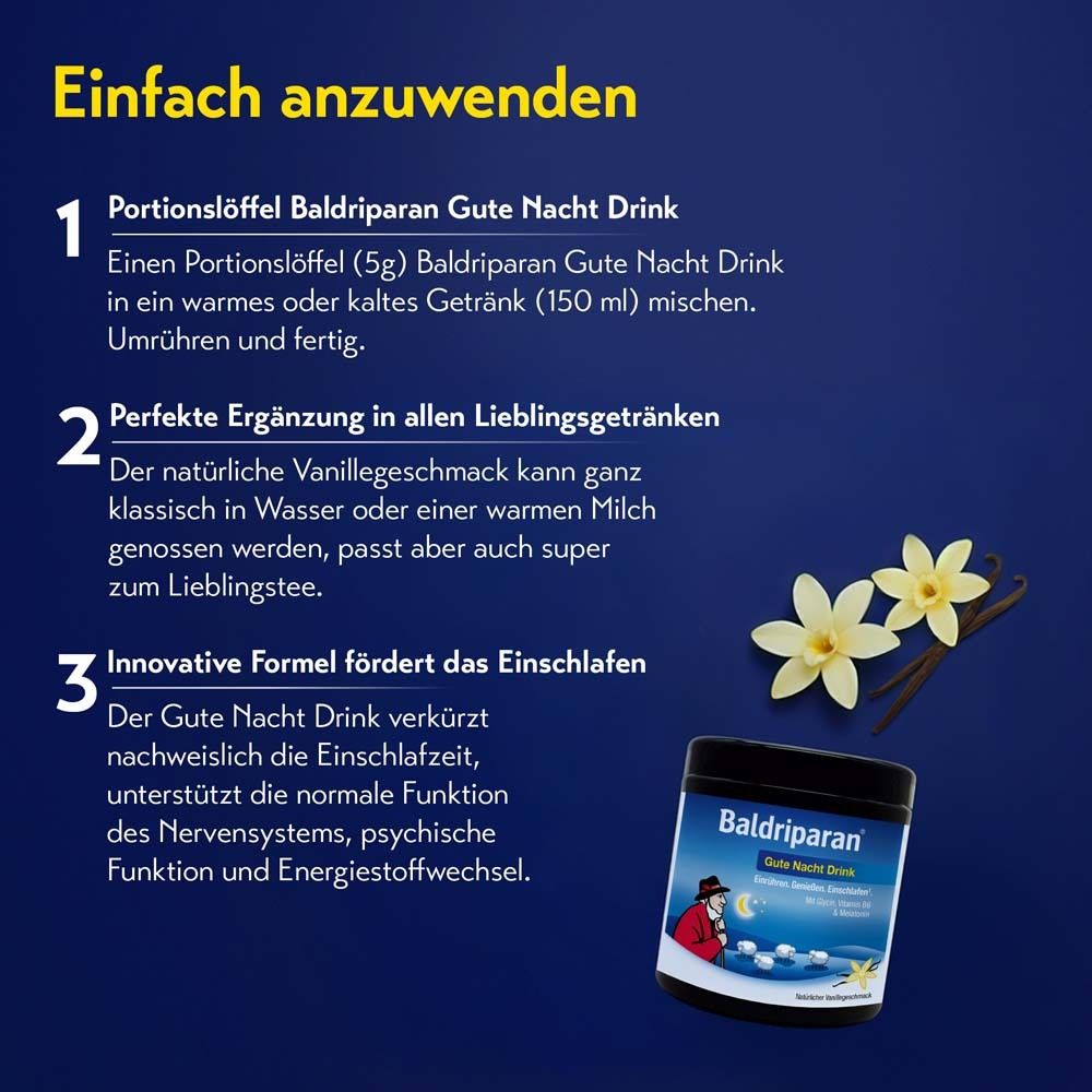 Anwendungshinweise: Baldriparan Gute Nacht Drink mischen. Vanillegeschmack in Getränken. Innovative Formel fördert das Einschlafen.