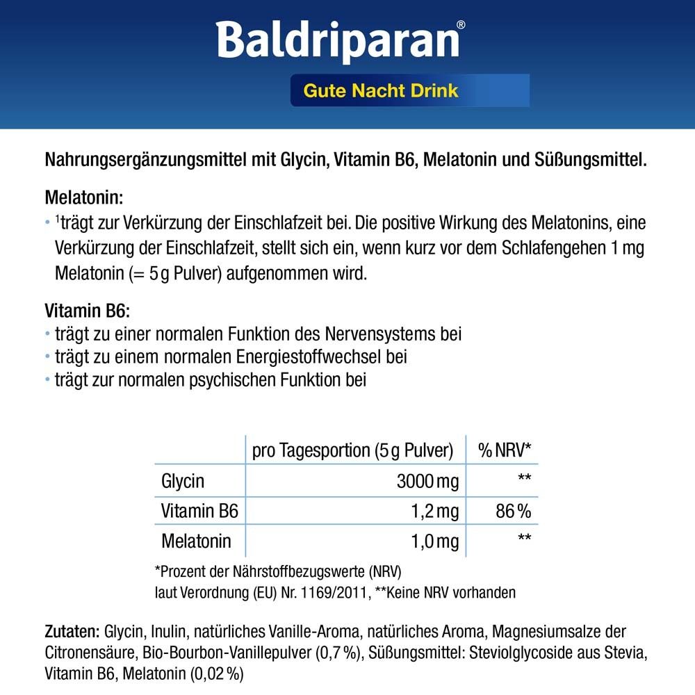 Produktinformationen: Baldriparan Gute Nacht Drink. Inhaltsstoffe, Nährwerttabelle. Enthält Glycin, Vitamin B6, Melatonin.