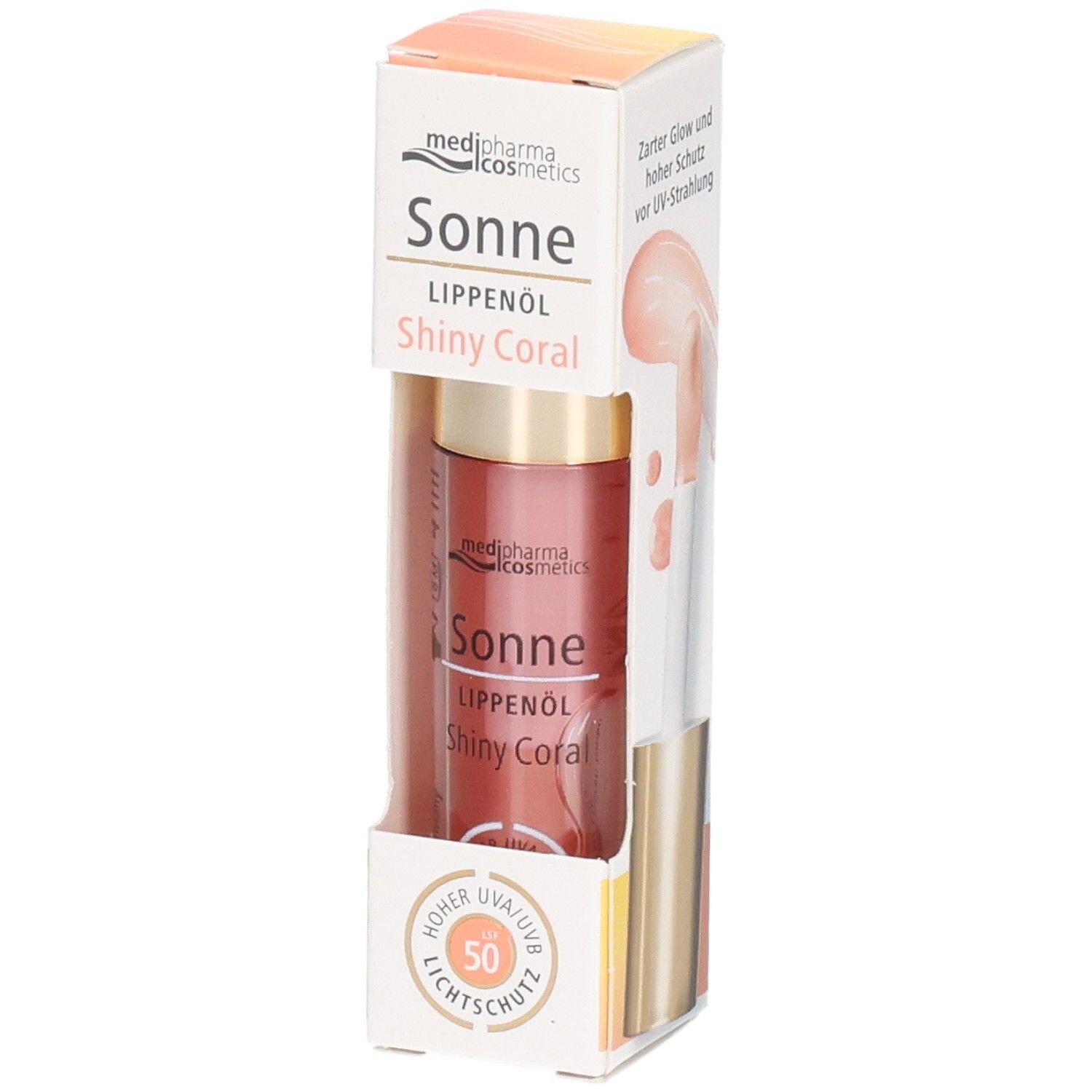 Lippenöl in Verpackung. Produktname: Sonne Lippenöl Shiny Coral LSF 50. Verpackung mit Produkt und Produktabbildung.