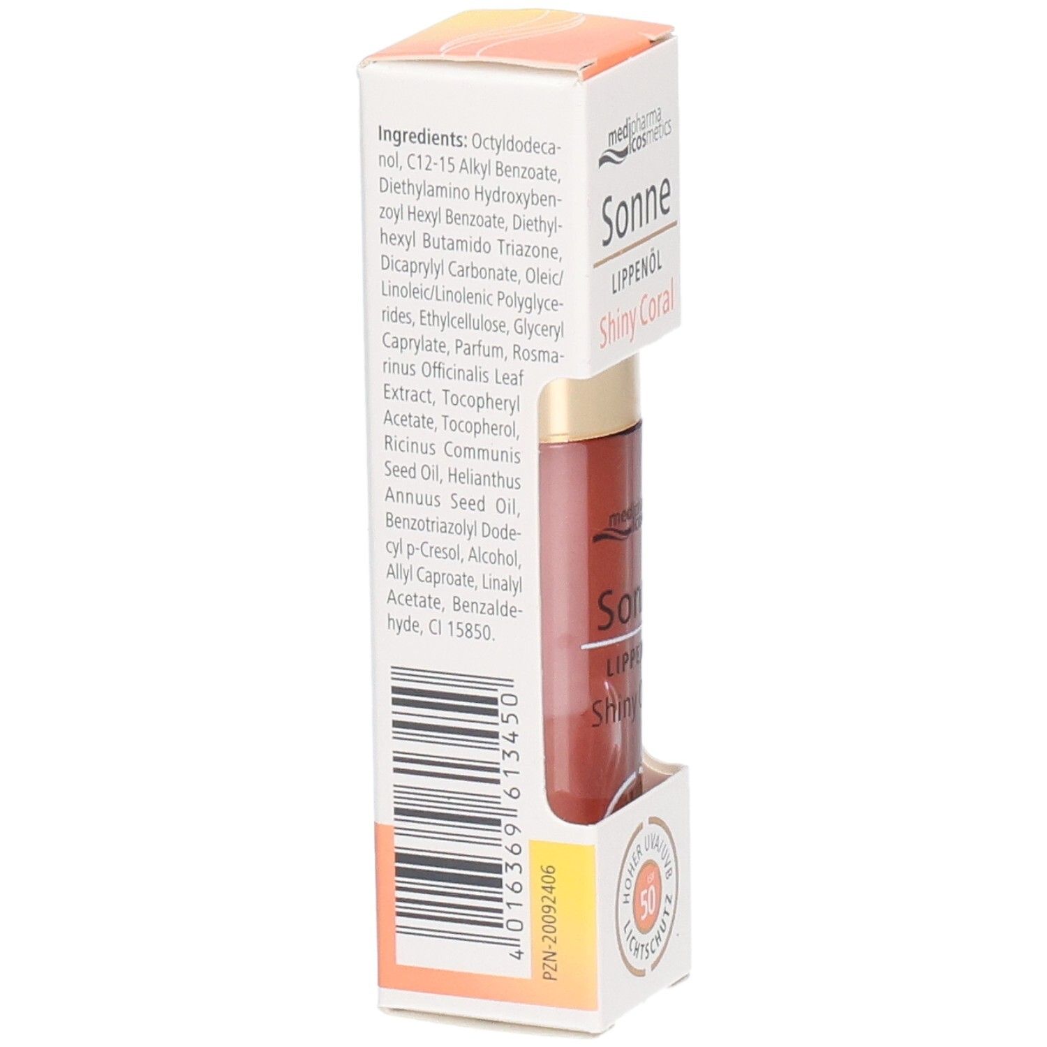 Verpackung mit Inhaltsstoffen und Barcode. Produktname: Sonne Lippenöl Shiny Coral. Herstellerinformationen und Barcode.