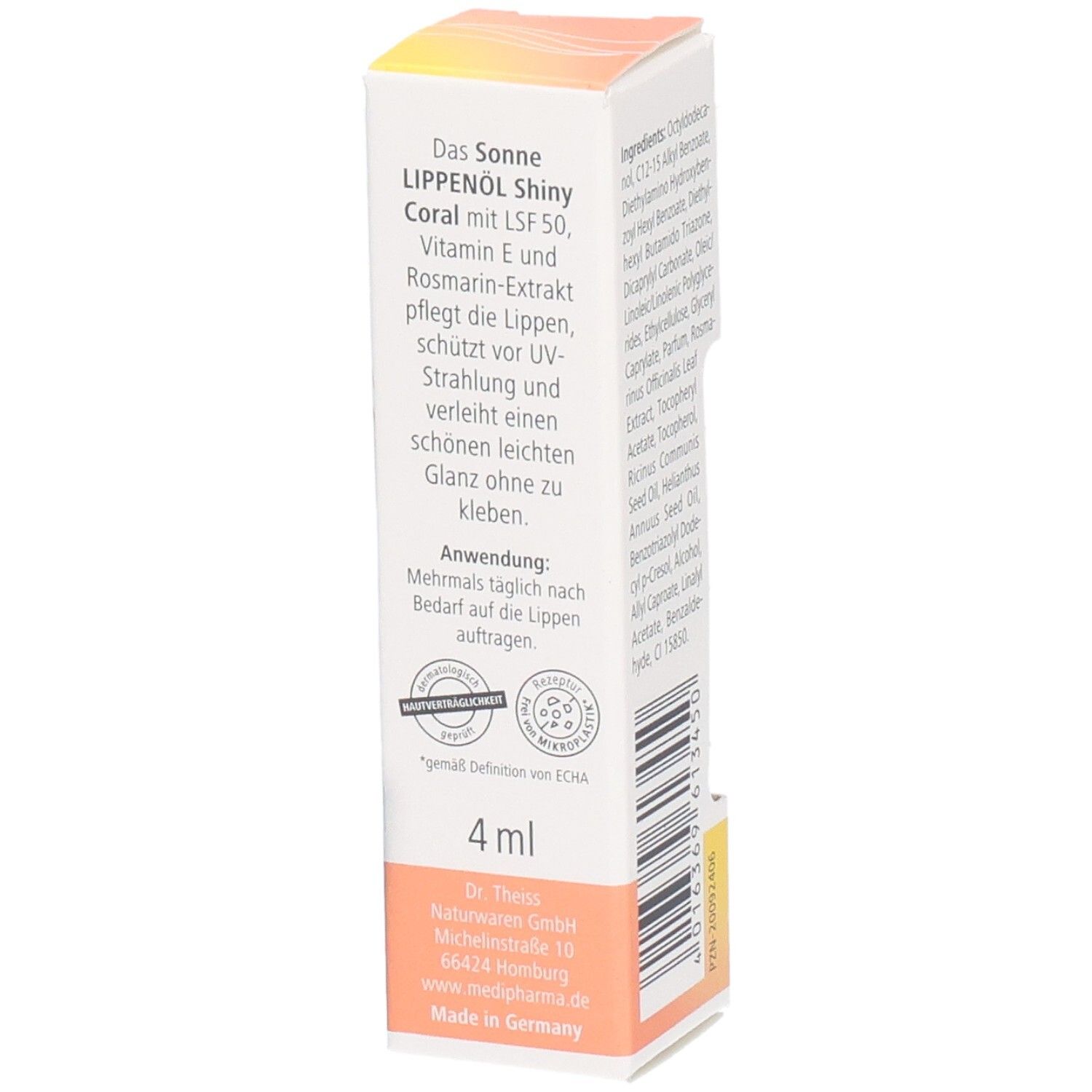 Verpackung mit Produktinformationen. Produktname: Sonne Lippenöl Shiny Coral. Text über Eigenschaften und Anwendung.