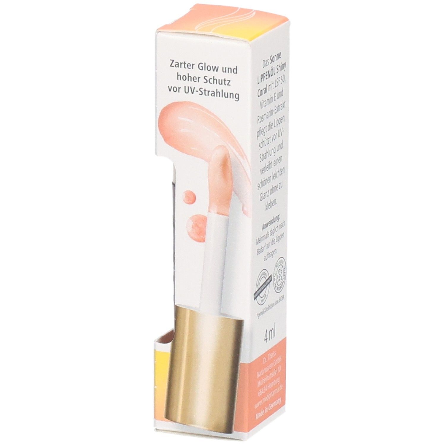 Verpackung mit Produkt und Applikator. Produktname: Sonne Lippenöl Shiny Coral. Illustration des Produkts und Applikator.