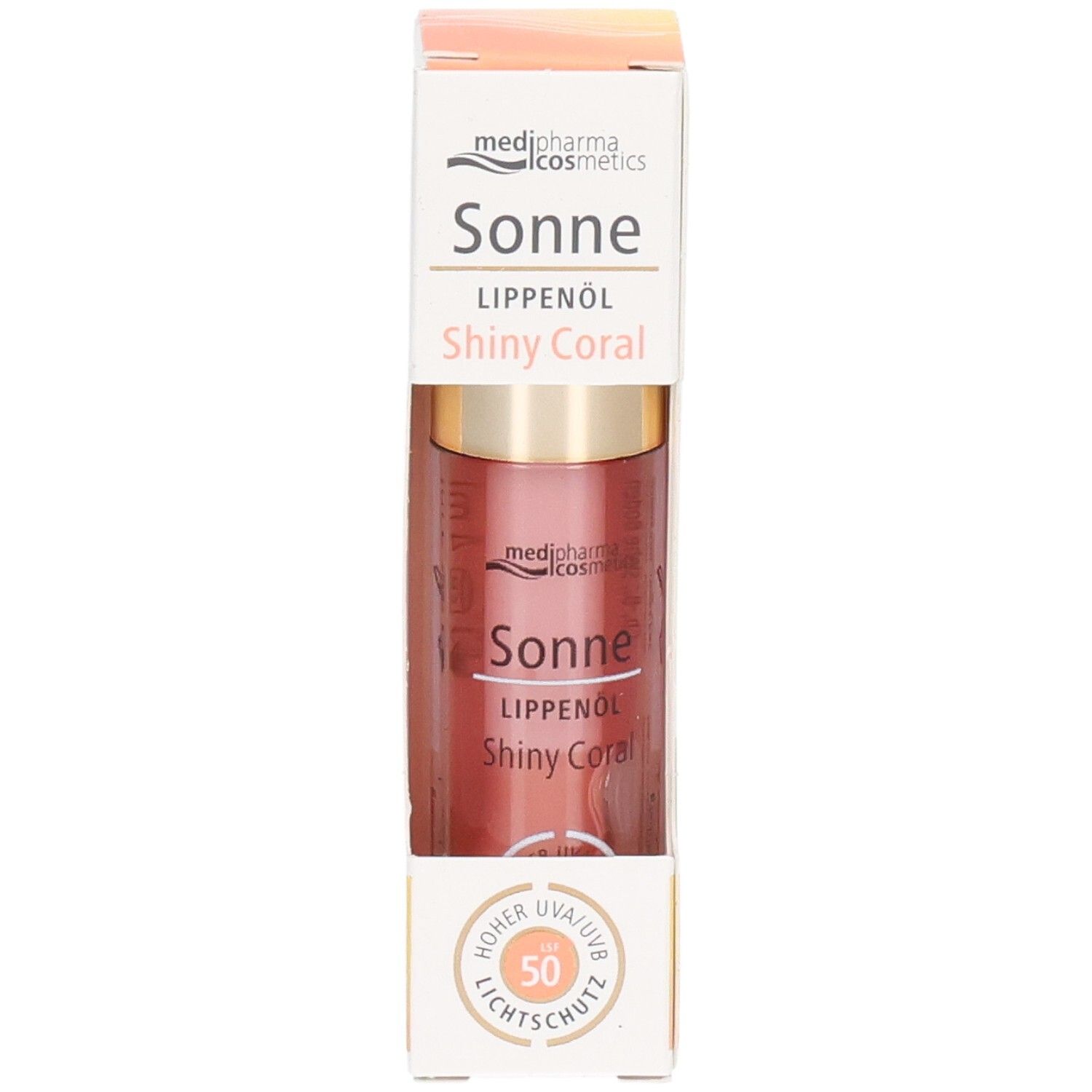 Produkt in Verpackung. Produktname: Sonne Lippenöl Shiny Coral. Flasche mit goldfarbenem Deckel und LSF 50.