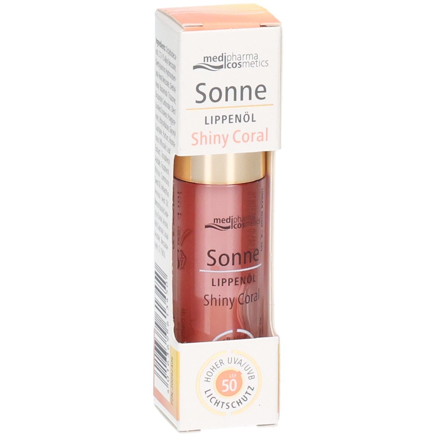 Produkt in Verpackung. Produktname: Sonne Lippenöl Shiny Coral. Flasche mit goldfarbenem Deckel und LSF 50.