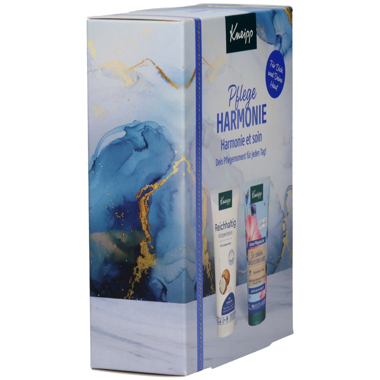 Geschenkbox Pflegeharmonie, blaues Design mit Produktnamen und Kneipp-Logo. Seitenansicht.