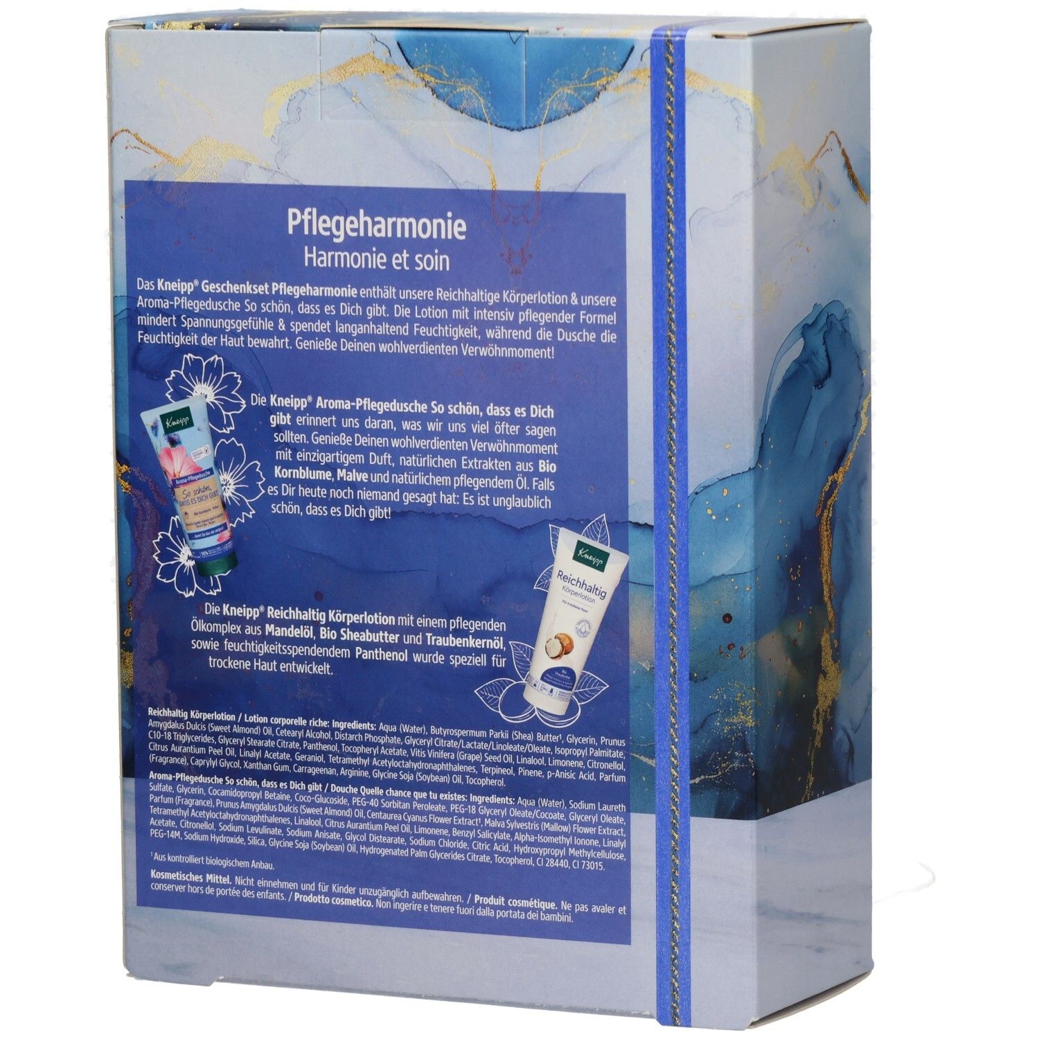 Rückseite der Geschenkbox Pflegeharmonie. Text, Produktabbildungen und Kneipp-Logo auf blauem Hintergrund.