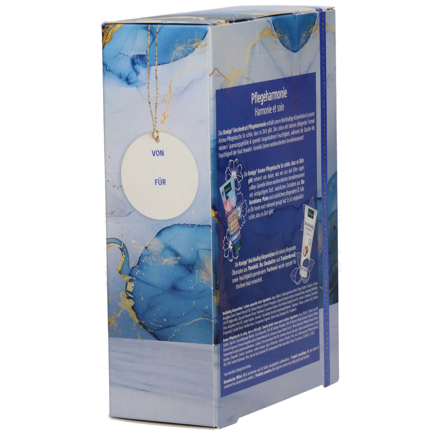 Geschenkbox Pflegeharmonie, Seitenansicht mit Anhänger. Produktname und Kneipp-Logo sichtbar.