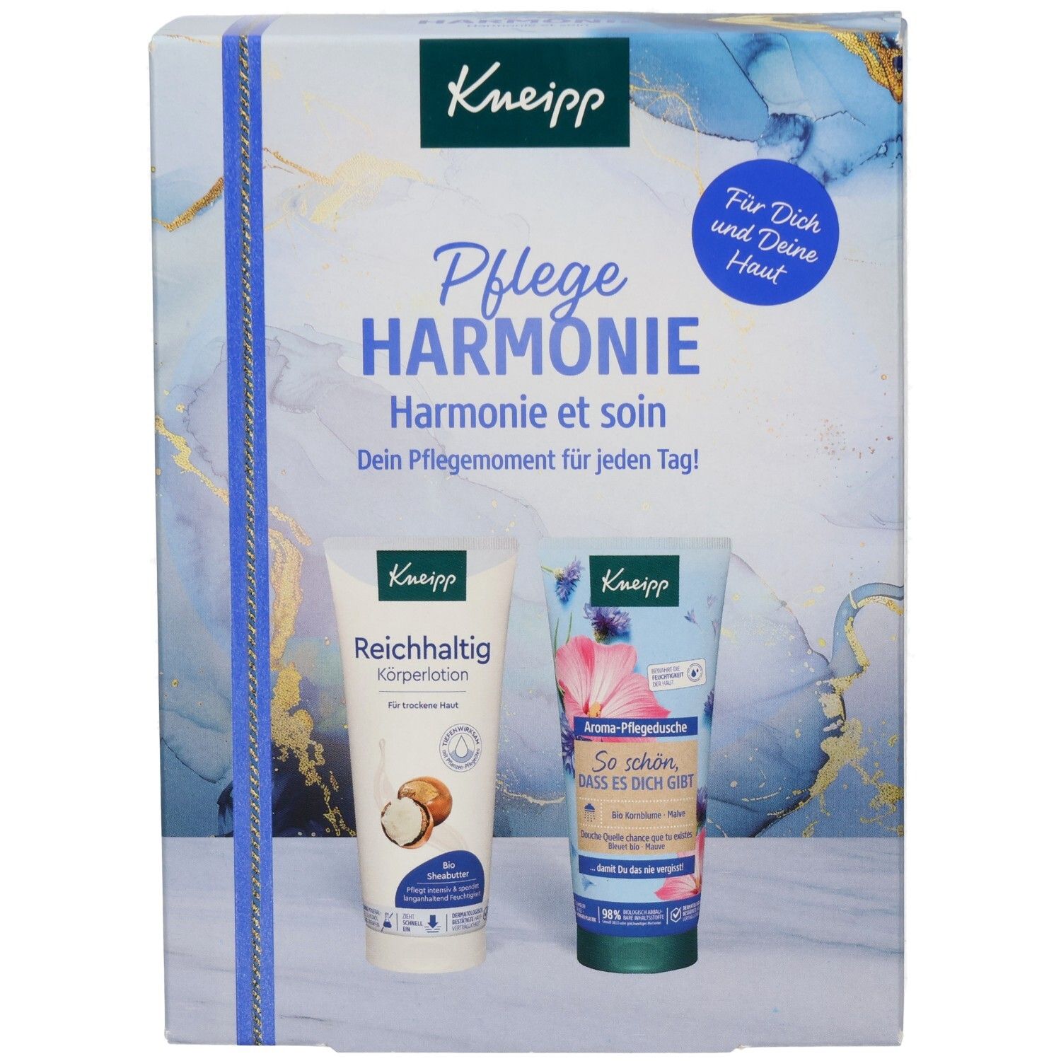 Geschenkset Pflegeharmonie. Zwei Tuben und eine Geschenkbox mit blauem Design und Produktnamen. Kneipp-Logo sichtbar.