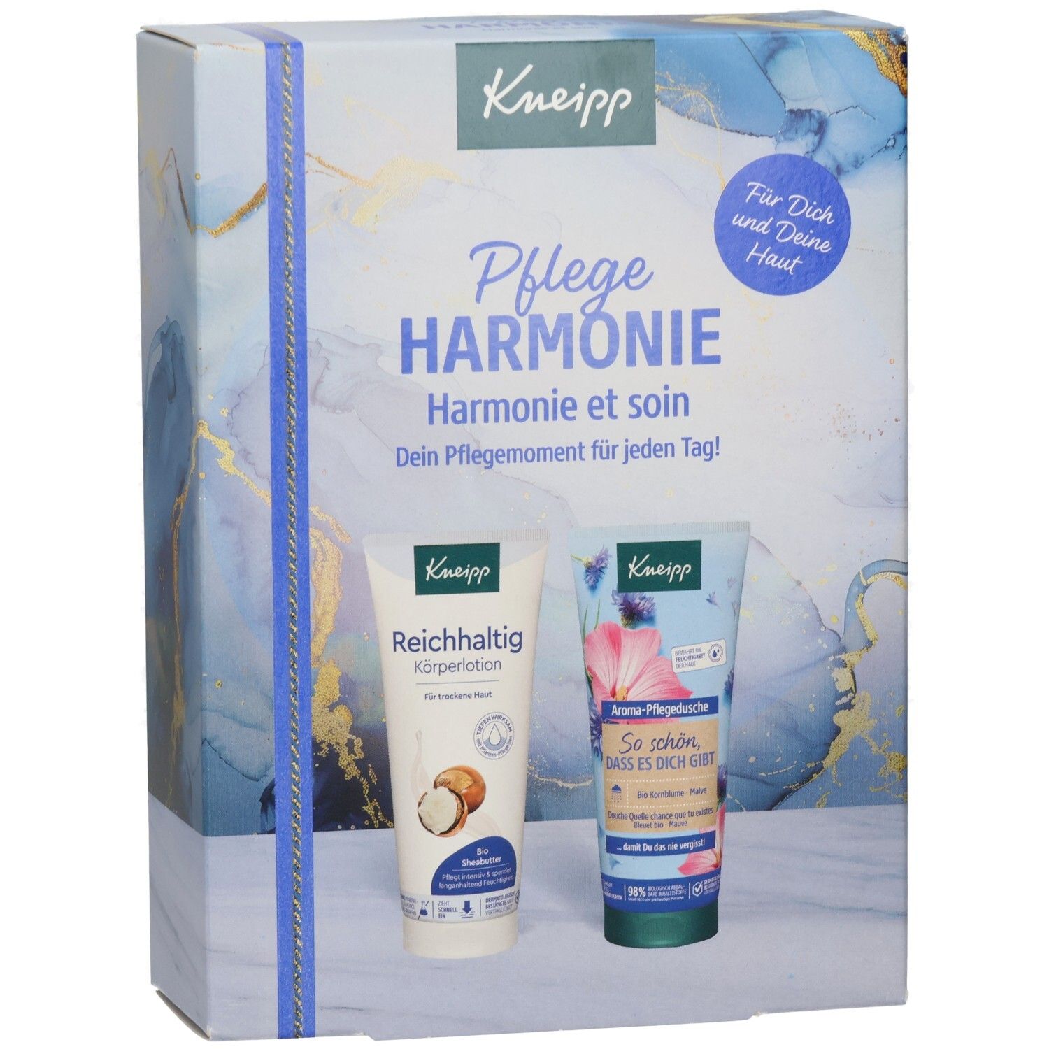 Geschenkset Pflegeharmonie. Zwei Tuben und eine Geschenkbox mit blauem Design und Produktnamen. Kneipp-Logo sichtbar.