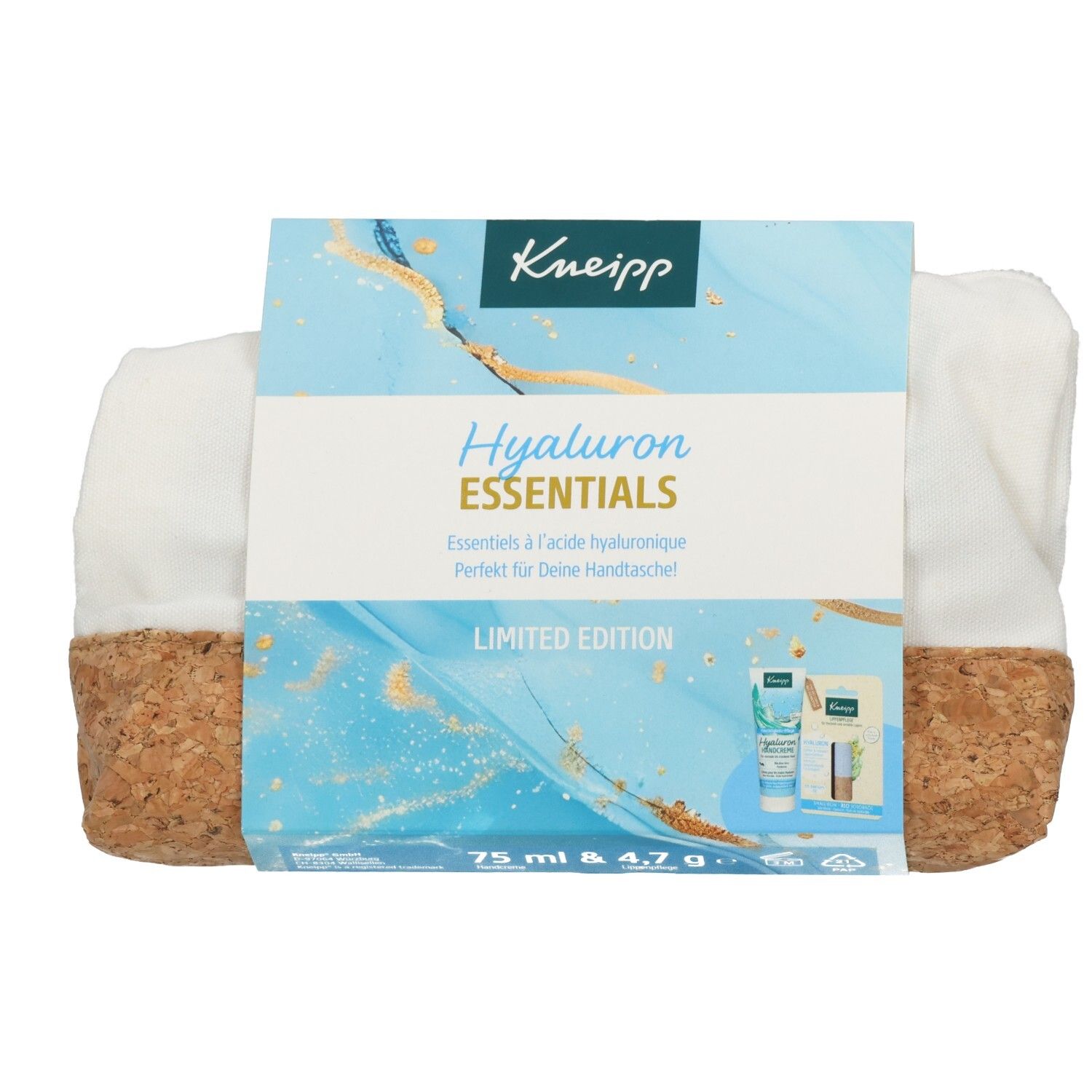 Geschenkset mit weißem Stoff, Kork und Produktverpackung. Aufschrift: Hyaluron Essentials, Kneipp. Limited Edition.