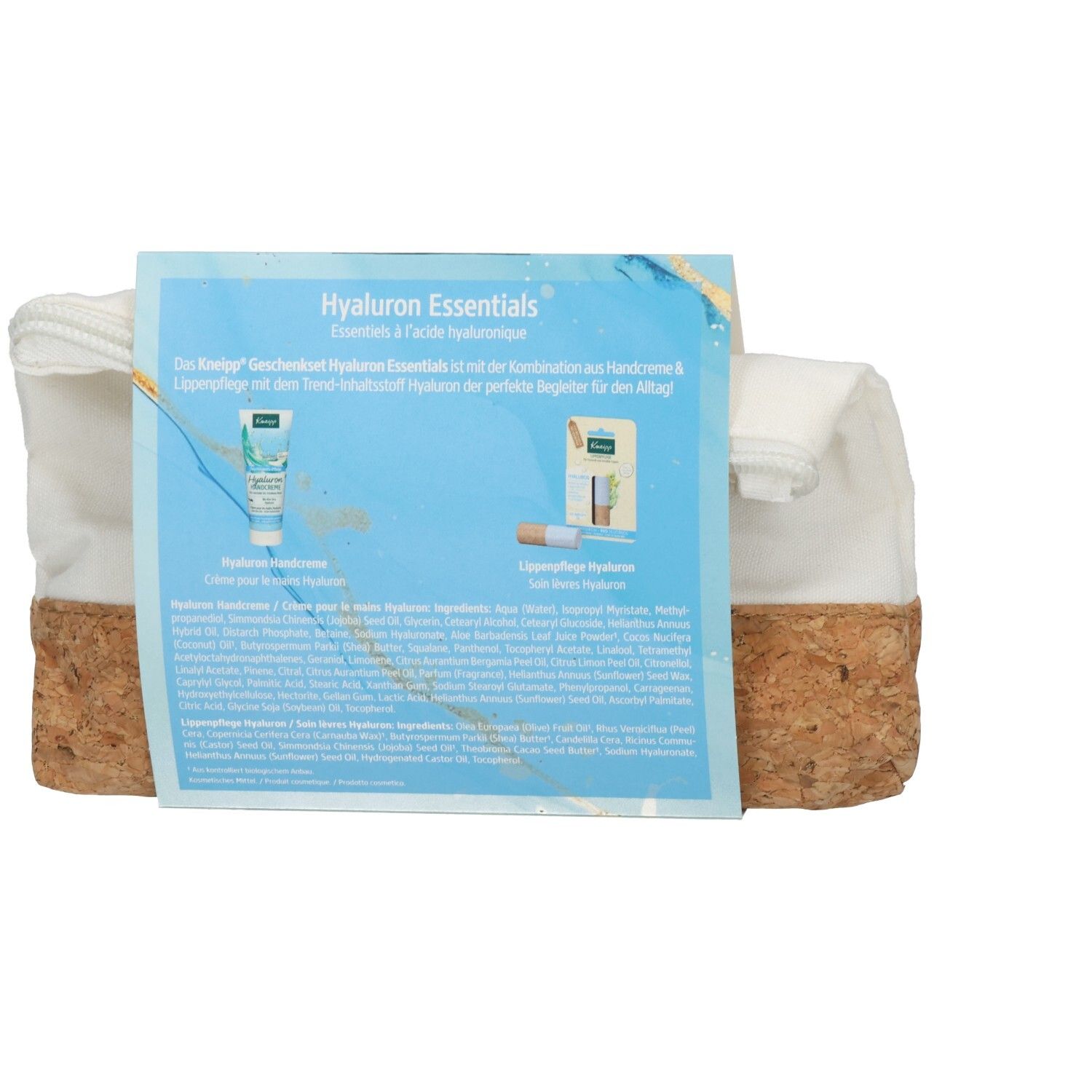 Rückseite des Geschenksets mit Produktinformationen. Aufschrift: Hyaluron Essentials, Kneipp. Inhaltsstoffe und Produktabbildungen.
