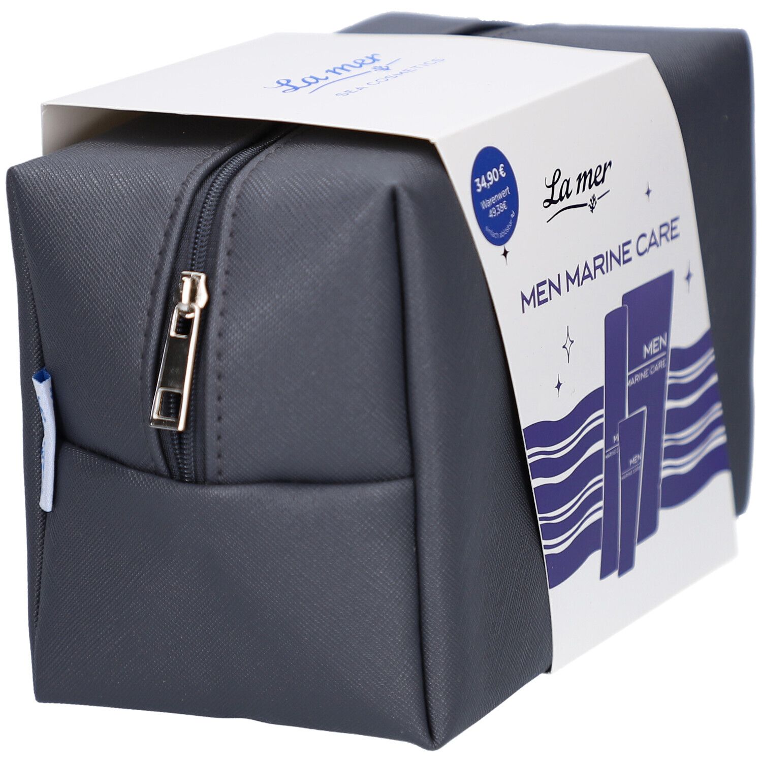 Geschenkset Men Marine Care. Anthrazitfarbene Kosmetiktasche mit Reißverschluss und weißer Banderole.