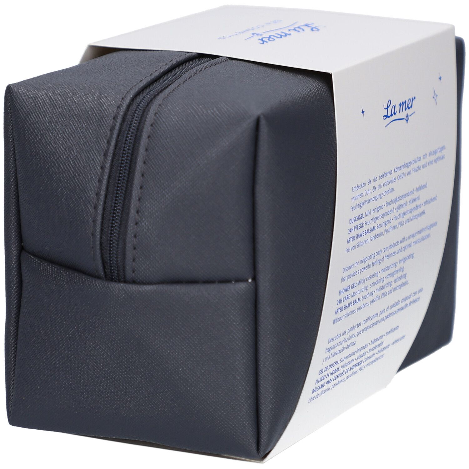 Geschenkset Men Marine Care. Anthrazitfarbene Kosmetiktasche mit Reißverschluss und weißer Banderole.