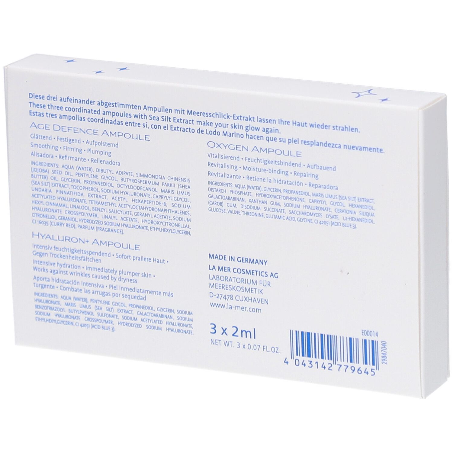 Rückseite der La mer Skin Glow Ampullen-Set Verpackung. Text: Inhaltsstoffe, 3x2ml, Made in Germany.