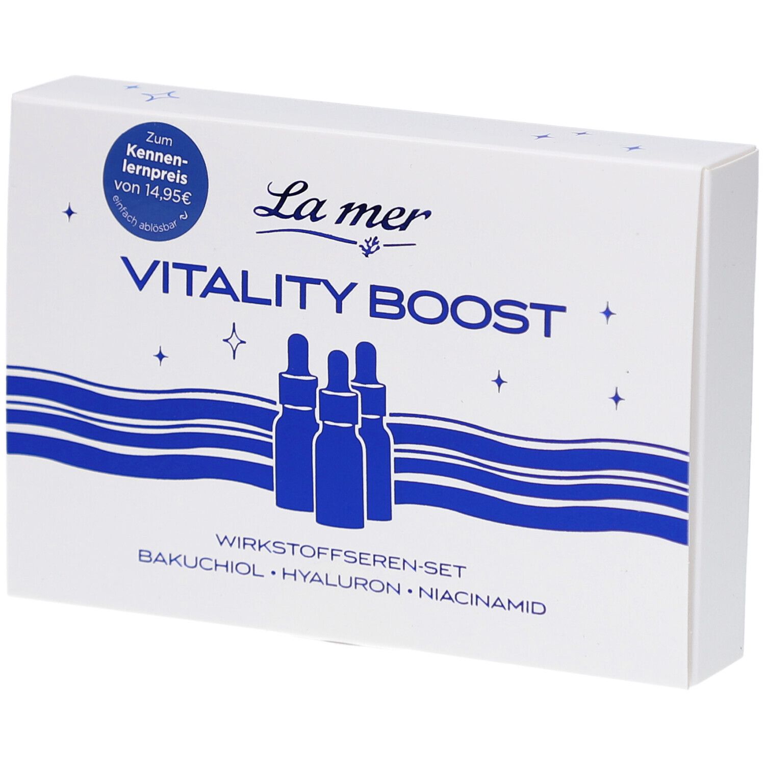 Weißer Karton mit La mer Logo und Produktnamen. Enthält Bakuchiol, Hyaluron, Niacinamid Seren.