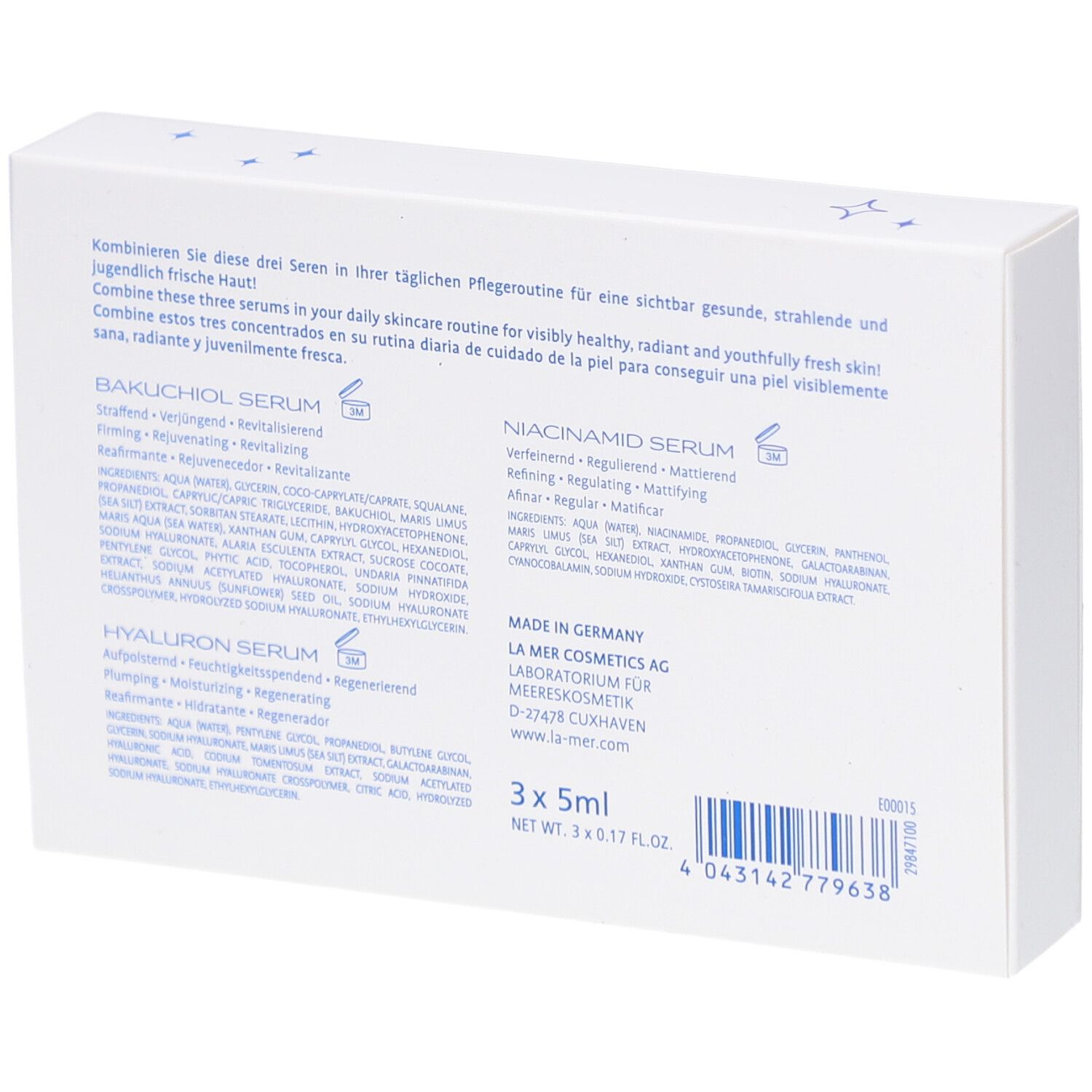 Rückseite der Verpackung mit Inhaltsstoffen und Herstellerinformationen. Enthält Bakuchiol, Hyaluron, Niacinamid Seren.