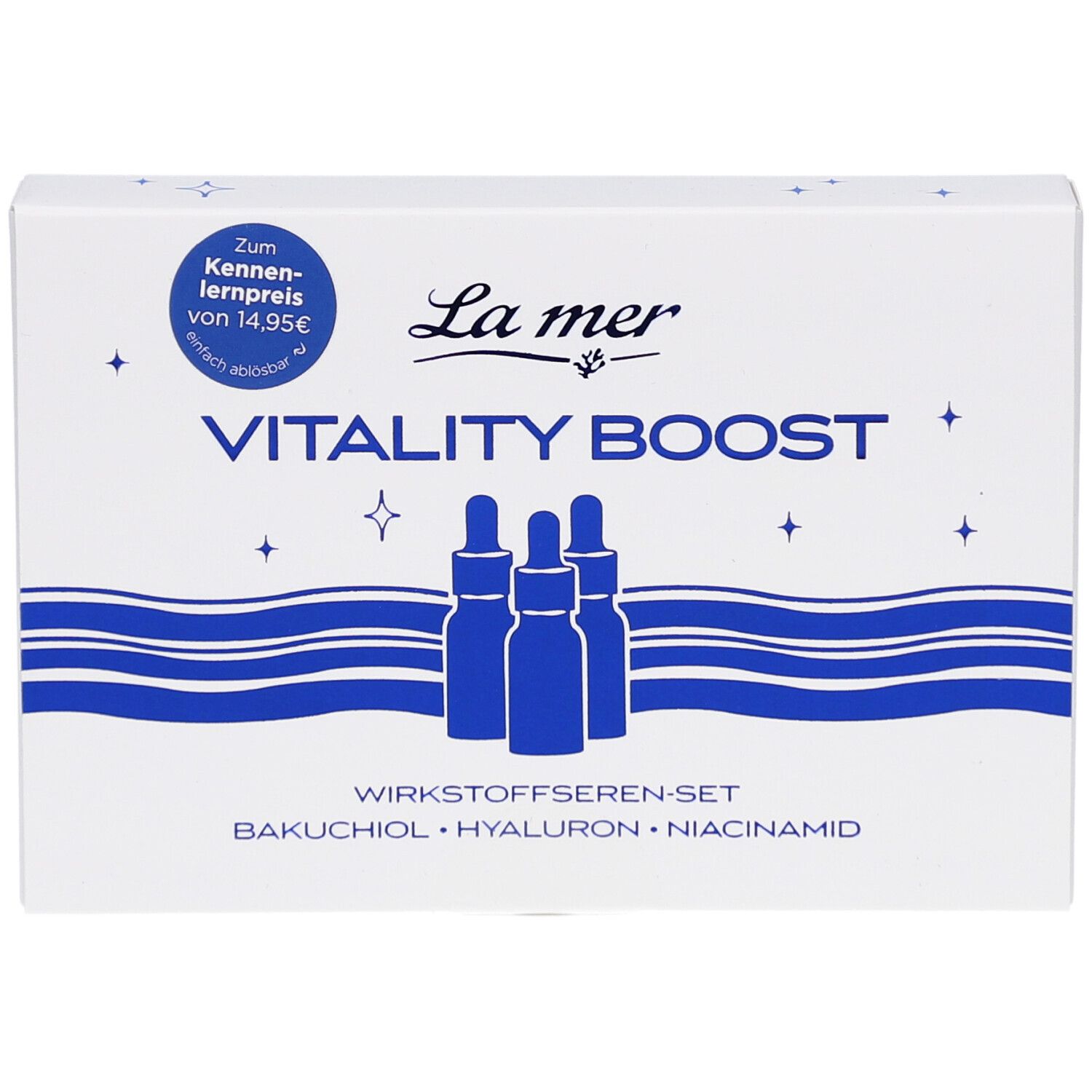 Weiße Verpackung mit La mer Logo und Produktnamen. Enthält Bakuchiol, Hyaluron, Niacinamid Seren.