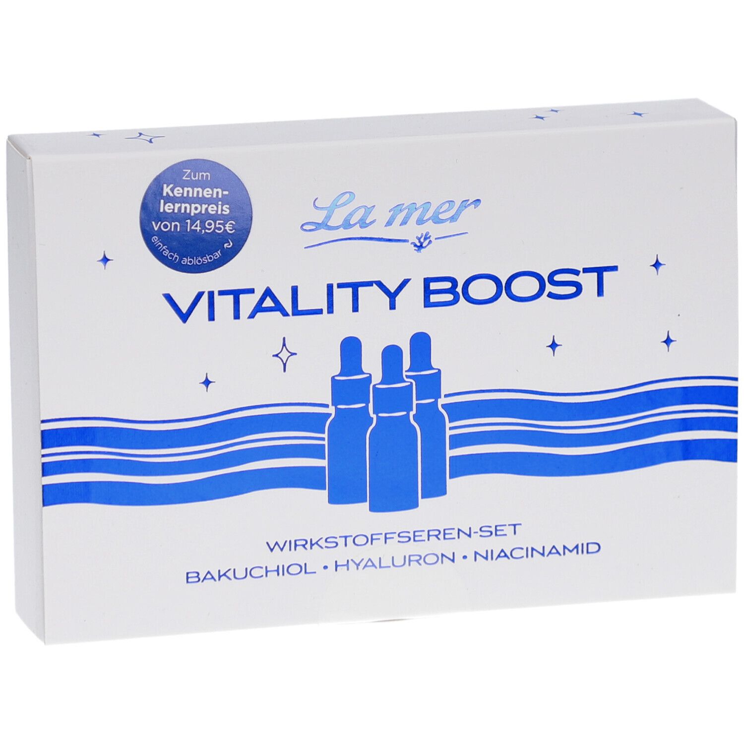 Weiße Verpackung mit La mer Logo und Produktnamen. Enthält Bakuchiol, Hyaluron, Niacinamid Seren.