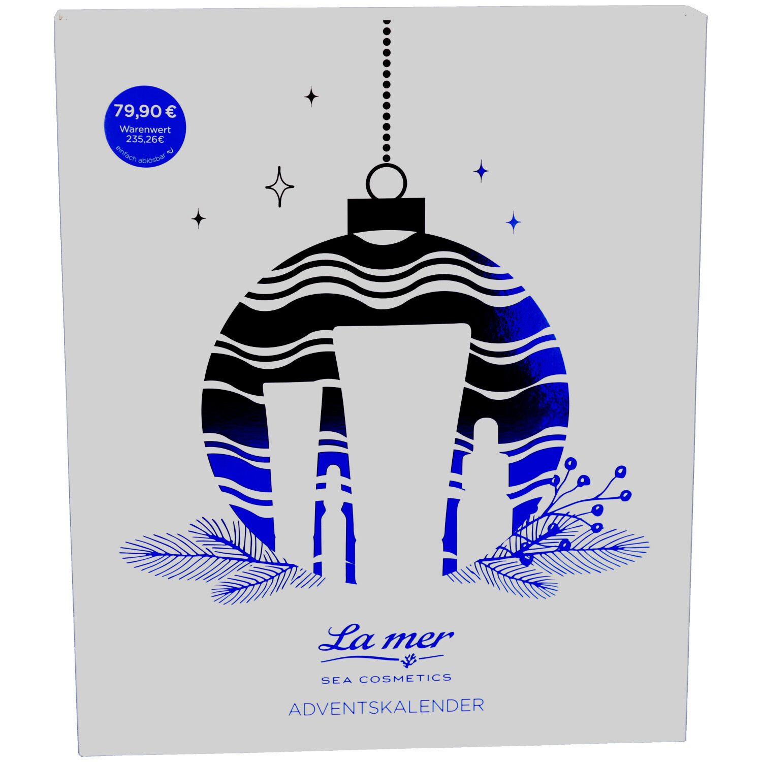Adventskalender mit blau-schwarzem Christbaumkugel-Design. Enthält das Logo von La Mer und den Schriftzug Adventskalender. Preisetikett.