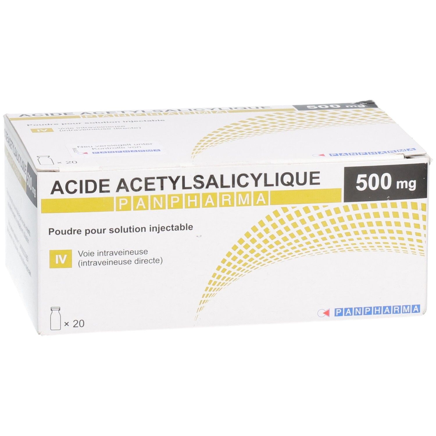 Karton mit ACETYLSALICYLSÄURE Panpharma i.v. 500mg. Gelbe und weiße Verpackung. Enthält 20 Fläschchen.