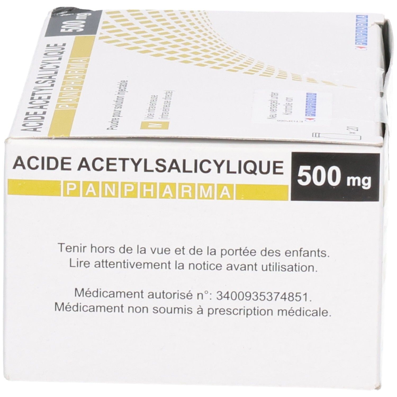 Rückseite der Verpackung von ACETYLSALICYLSÄURE Panpharma i.v. 500mg. Text in Französisch.