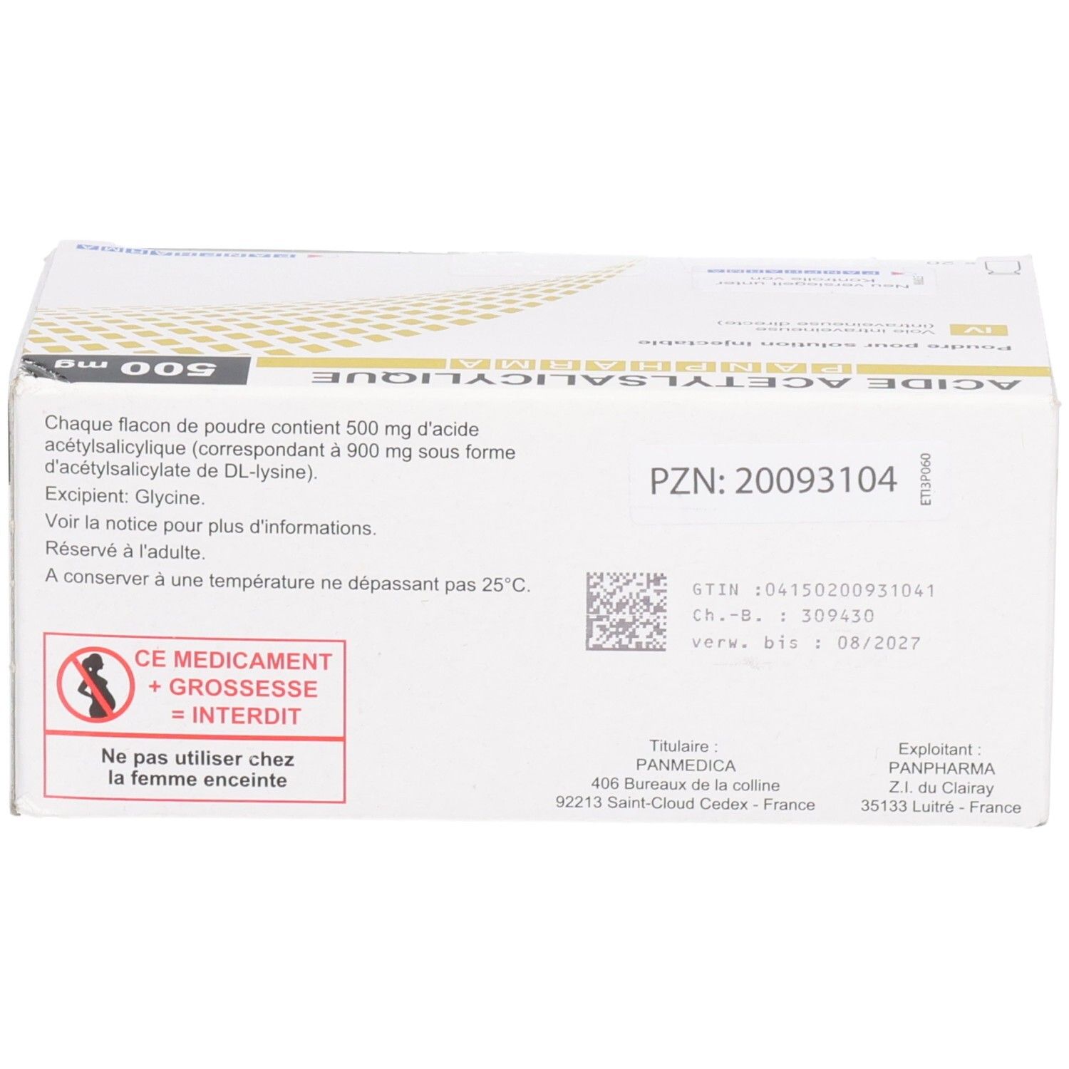 Rückseite der Verpackung von ACETYLSALICYLSÄURE Panpharma i.v. 500mg. Warnhinweis für Schwangere.