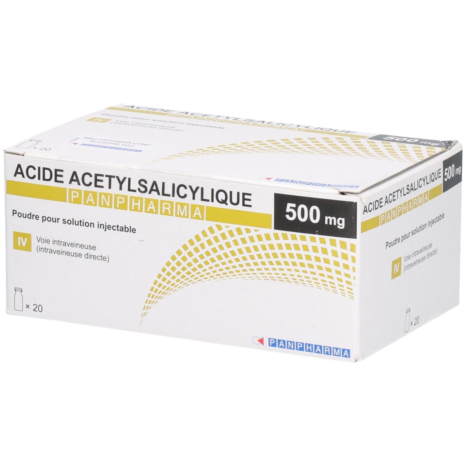 Karton mit ACETYLSALICYLSÄURE Panpharma i.v. 500mg. Gelbe und weiße Verpackung. Enthält 20 Fläschchen.