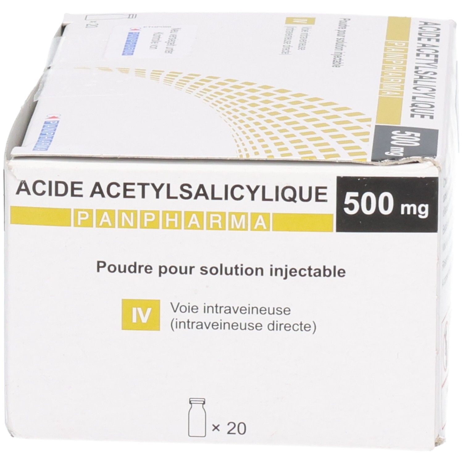 Karton mit ACETYLSALICYLSÄURE Panpharma i.v. 500mg. Gelbe und weiße Verpackung. Enthält 20 Fläschchen.