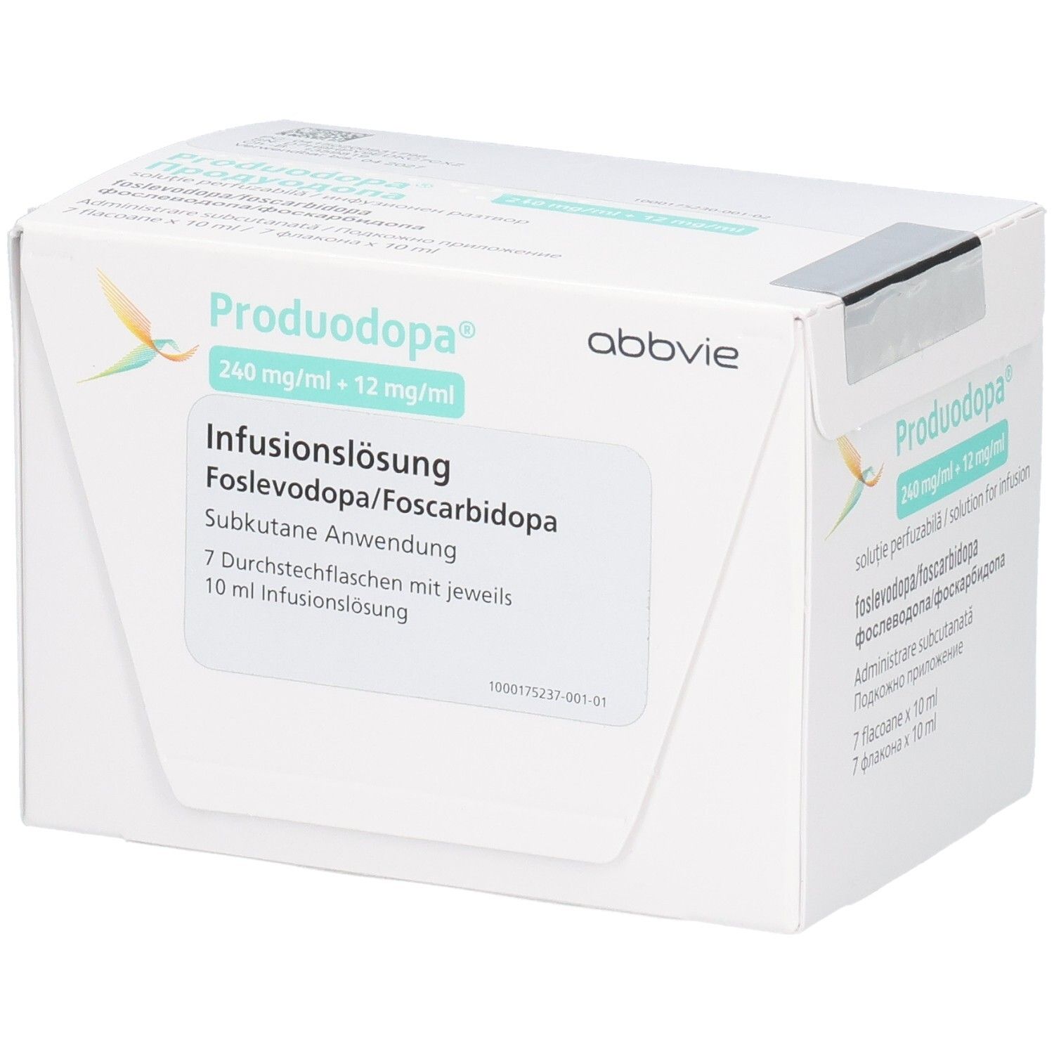 Weißer Karton mit Produktnamen PRODUODOPA, 240 mg/ml + 12 mg/ml Infusionslösung. Abbvie Logo.