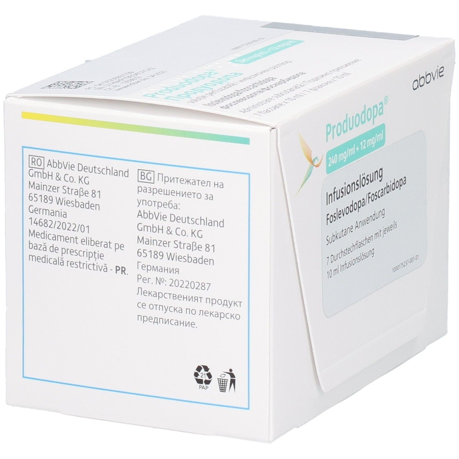 Karton mit PRODUODOPA, 240 mg/ml + 12 mg/ml Infusionslösung. Abbvie Logo. Text in mehreren Sprachen.