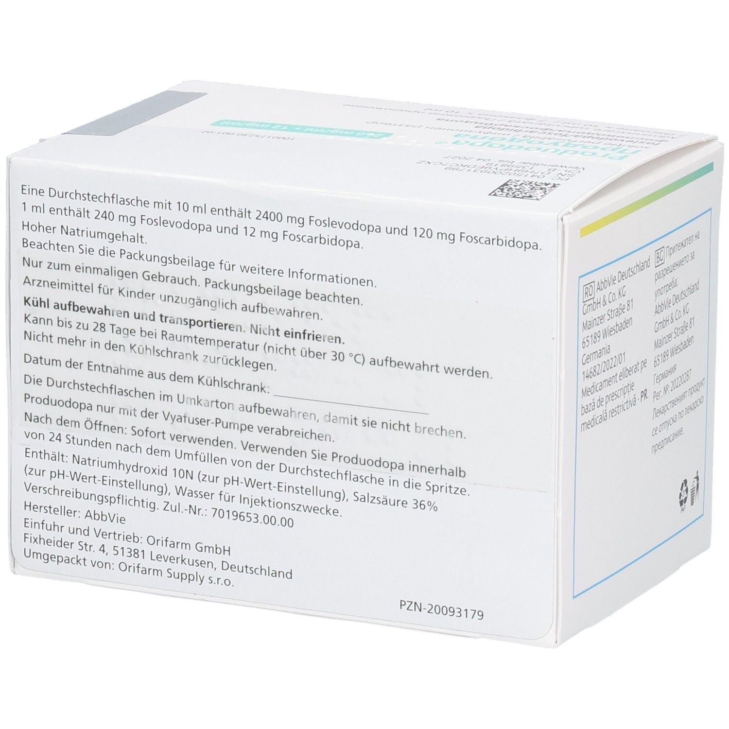 Karton mit PRODUODOPA, 240 mg/ml + 12 mg/ml Infusionslösung. Text mit Inhaltsangaben und Hersteller.